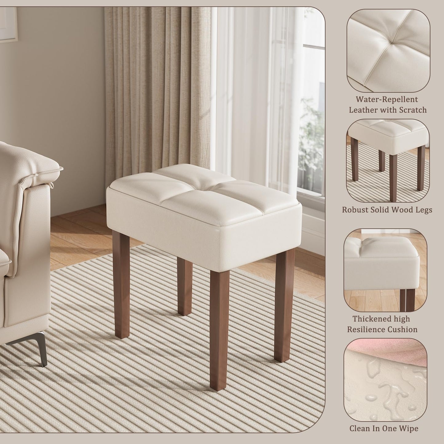 EOSVALO Leather Vanity Stool, 18.7 Inch Wide Rectangle Ottoman Bench for Makeup Room, Vanity Chair with Wood Legs for Piano Room, Bedroom,Living Room with Customizable (Cream)