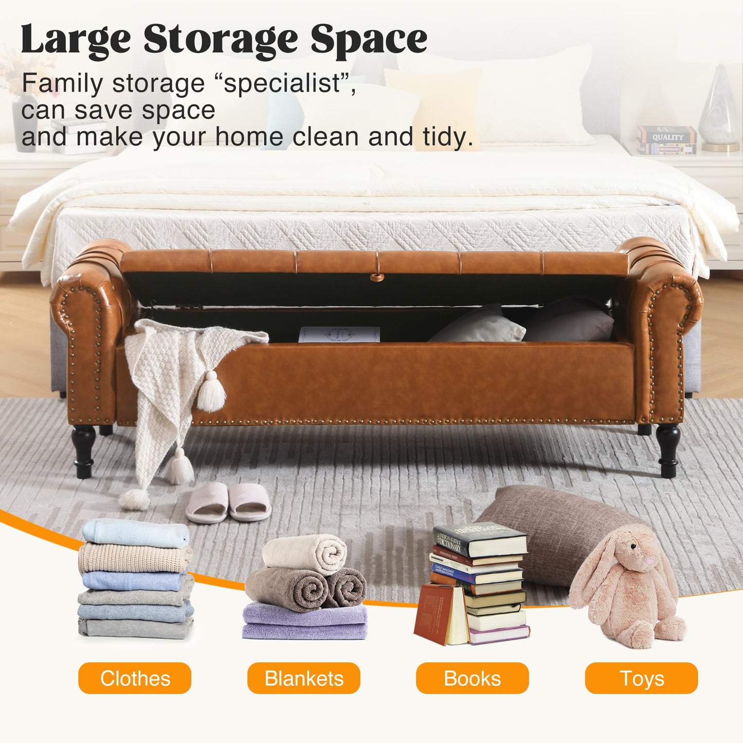HOMYKA Faux Leather Storage Bench for Bed Room 67 Inch Upholstered Tufted Ottoman Bench with Arms King Size Large Storage Space End of Bed Benches for Bedroom Living Room Entryway Brown