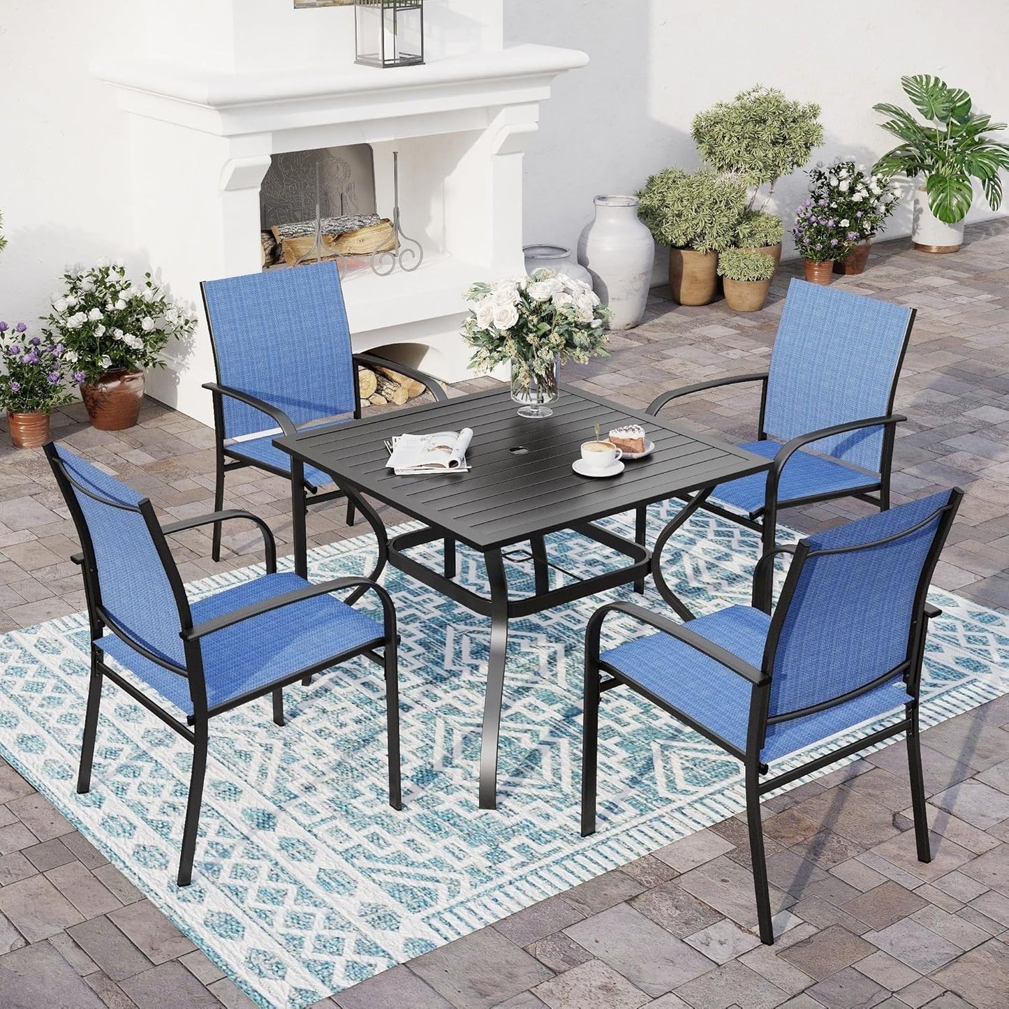 SUNSHINE VALLEY 5 Piece Patio Dining Set for 4, 37”x37” Square Table with Umbrella Hole and 4 Metal Blue Chairs, Outdoor Table and Chairs Set for Lawn Backyard and Deck