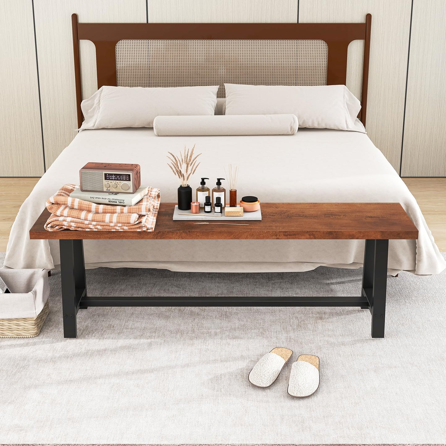 Giantex 60” Rectangular Wood Dining Bench, 3 Person Entryway Shoe Bench with Metal Frame, Farmhouse Indoor Benchs for End of Bed, Hallway, Living Room & Dining Room (60”L)