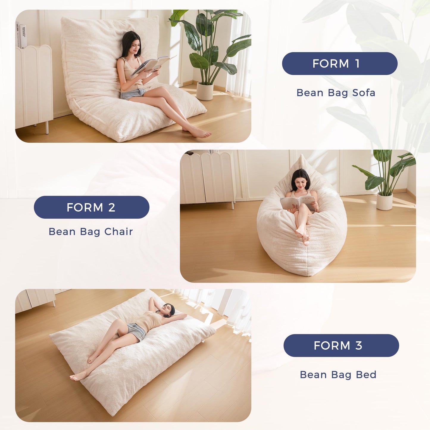 MAXYOYO 3 in 1 Bean Bag Chair, Giant Bean Bag Sofa Bed, Floor Mattress with High-Density Foam Filling and Machine Washable Cover, Bean Bag Chair for Adult