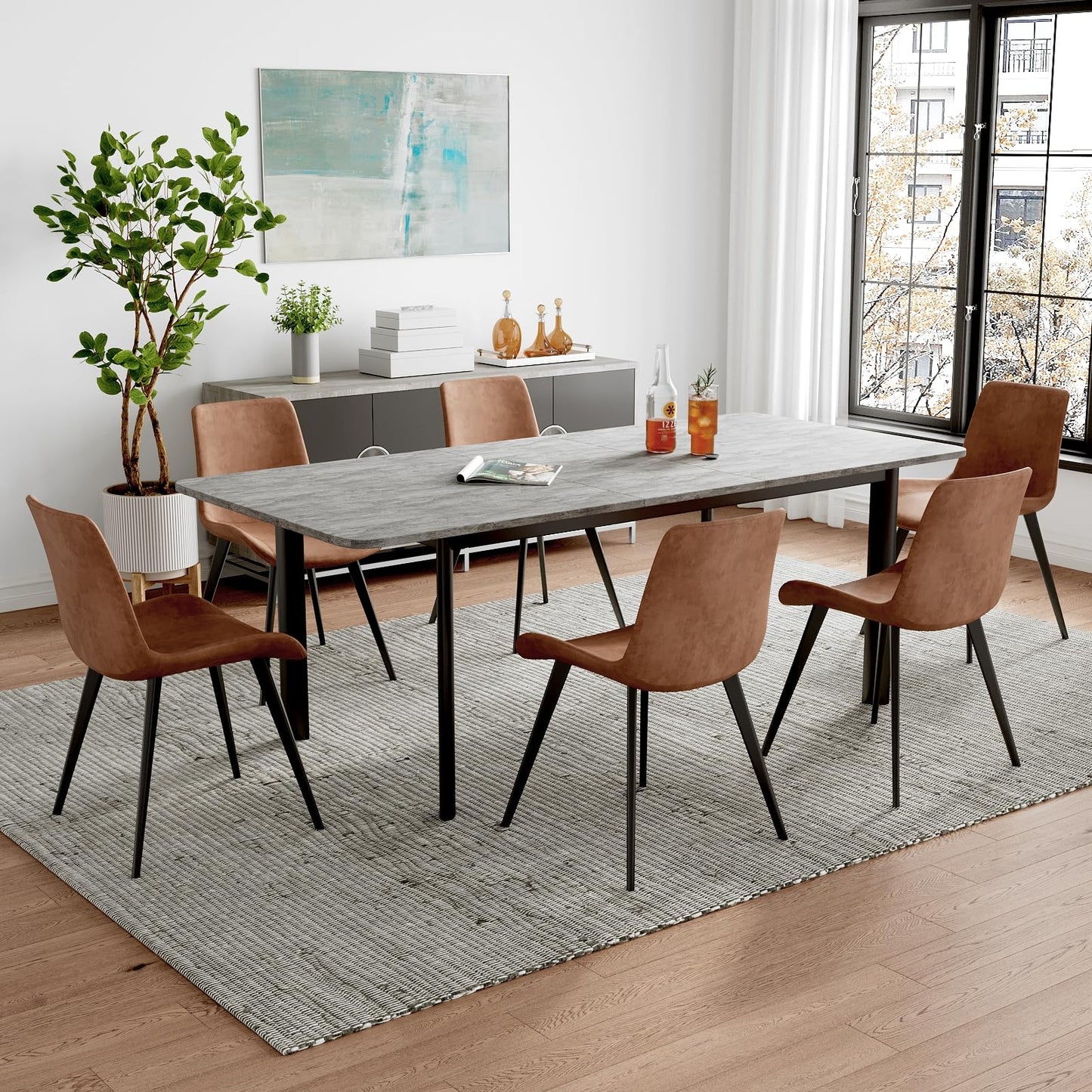 HIPIHOM 63"- 78.7" Extendable Dining Table with 6 Brown Dining Chairs, Modern Kitchen Table Set for 6, Thickened Expandable MDF Wooden Table with Metal Legs for Dining Room, Kitchen, Home