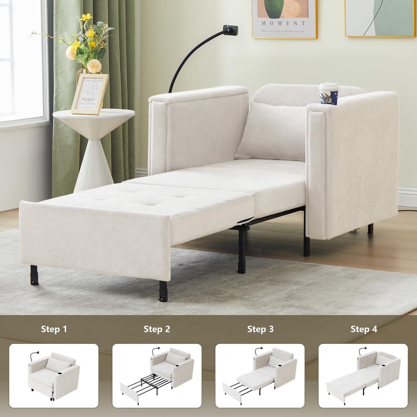 LEVNARY 3-in-1 Convertible Sleeper Chair Pull Out Bed, Single Sofa Chair Sleeper for Adults with Hidden Side Table, Modern Chenille Fabric Armchair for Bedroom Dorm Home Office (Beige)