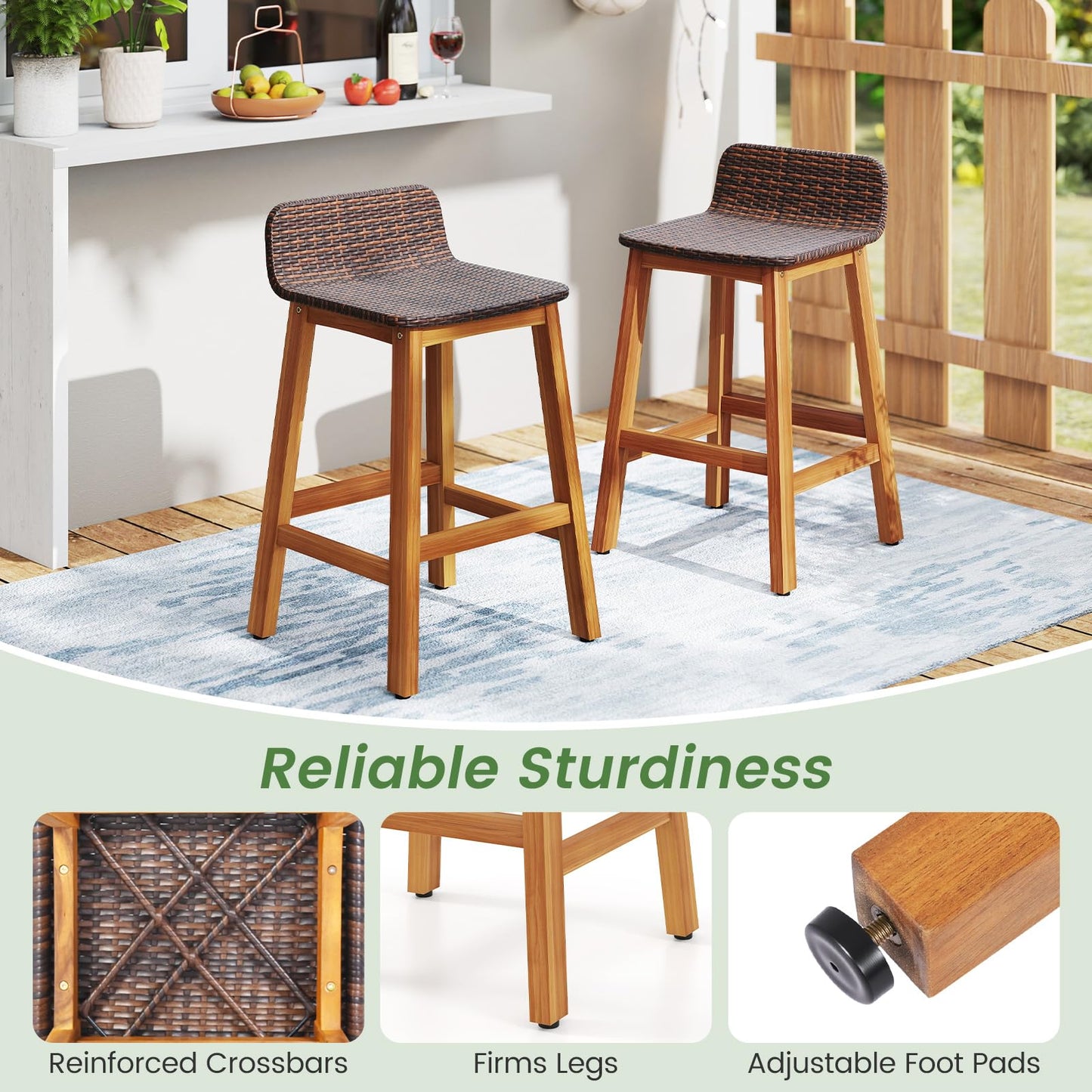 Tangkula Solid Acacia Wood Bar Stools Set of 2, Rattan Bar Height Patio Chairs with Footrests, Outdoor Seating for Porch, Balcony, Garden, Backyard (Mix Brown,1)