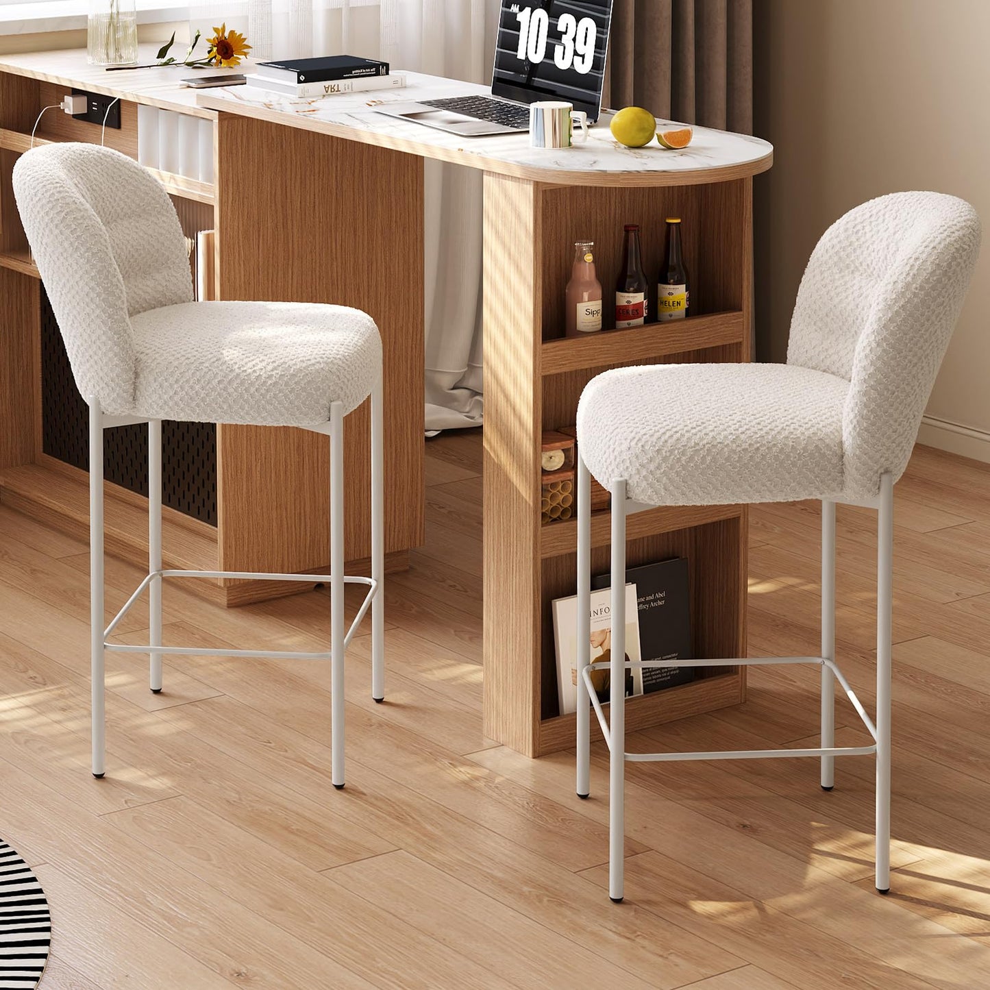 Guyii Beige Counter Height Bar Stools Set of 2,Velvet Fbric BarStools with Back,Counter High Chairs with Metal Legs,2 Pieces Bar Stool Set for Kitchen Island Bar