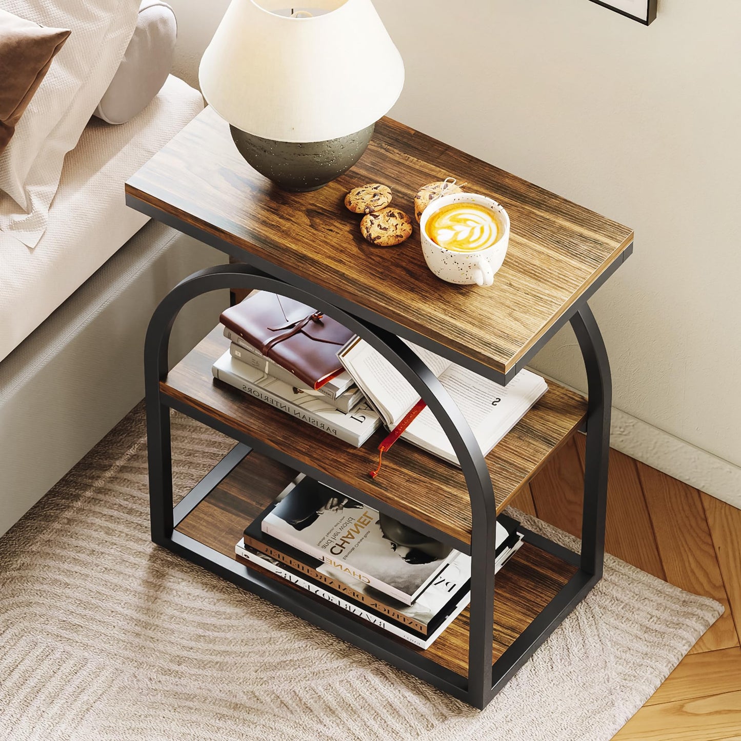 LIKEMET Side Table, End Table with 3-Tier Storage, 25" Bedside Table with Arched Metal Frame, Industrial Nightstand for Living Room, Bedroom, Rustic Brown