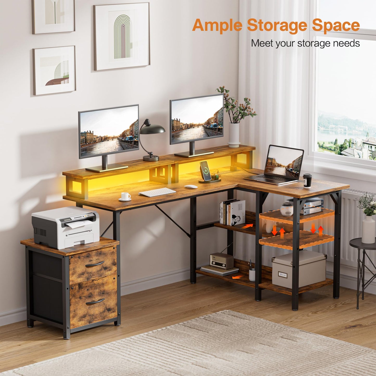 Briteglotec 67'' L Shaped Home Office Desk, Large Reversible Gaming Desk, Corner Computer Desks with File Drawers, Rustic Brown