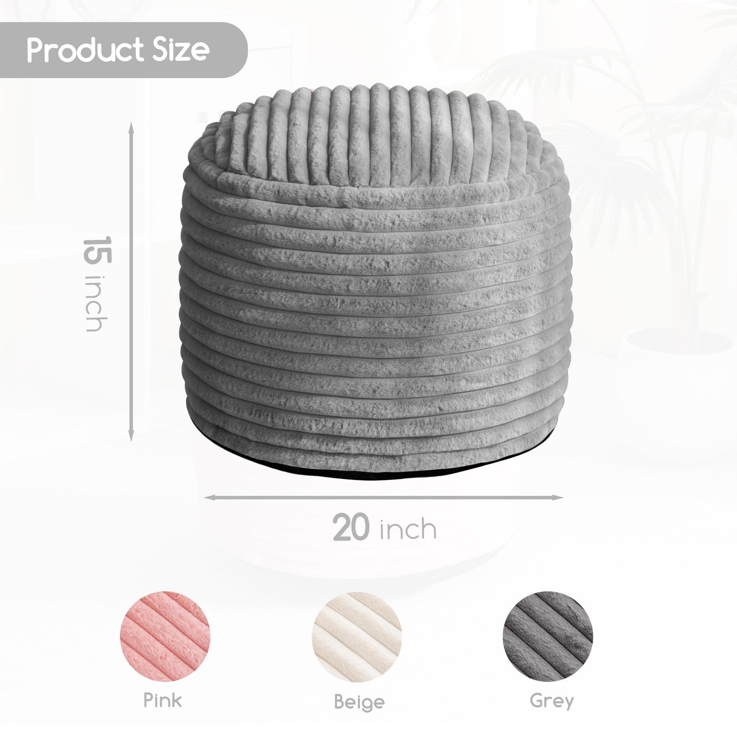 HIGOGOGO Round Stuffed Pouf Ottoman, Stripe Faux Fur Poufs with Foam Chunk Filling, Furry and Fluffy Pouf Foot Stool Storage Ottoman, 20 X 15 Floor Poufs Foot Rest for Living Room, Grey
