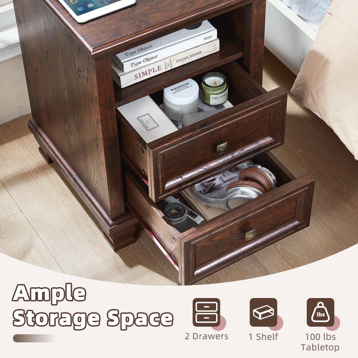 SAVOR LIFE Farmhouse Nightstand Set of 2 with Charging Station, Rustic Brown Nightstand,2 Drawers End Table for Living Room,Bedside Table with Open Shelf for Bed Room,Walnut