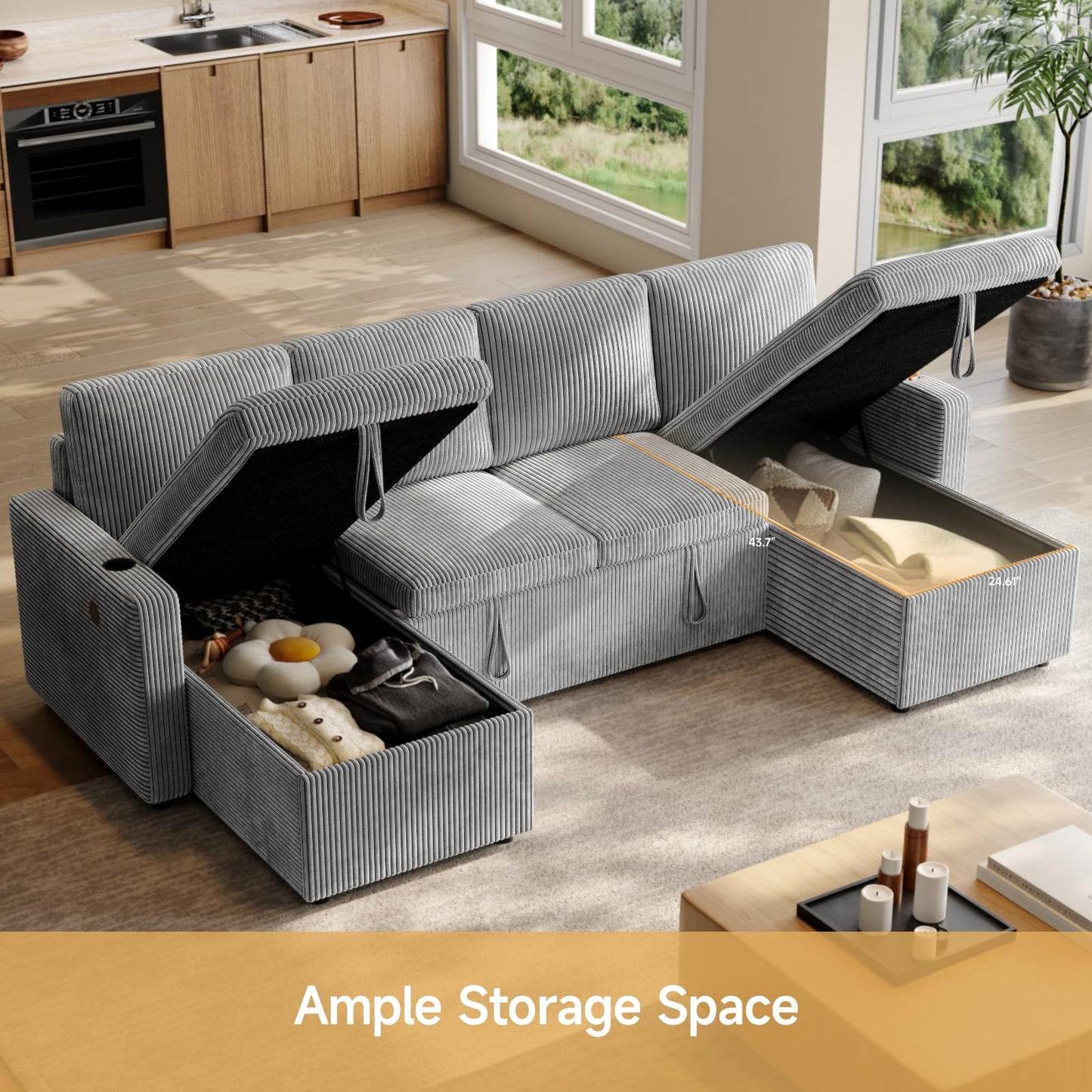ONBRILL Sleeper Sofa with Pull Out Couch Bed,U Shaped Convertible Modular Sectional Couch with Double Storage Chaise,Couches for Living Room,Corduroy,Grey