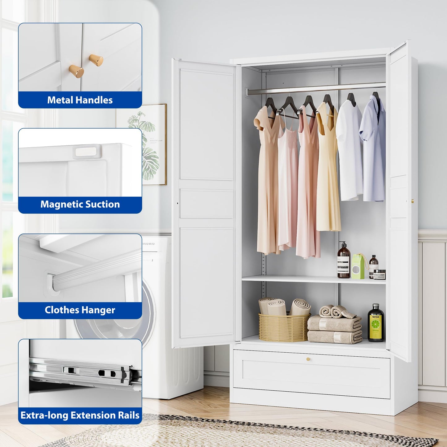 BYNSOE Metal Armoire Wardrobe Closet with 2 Doors 72'' Wardrobe Cabinet with Drawers and Hanging Rail Metal Closet with Adjustable Shelves for Bedroom. (White, with 1drawer)