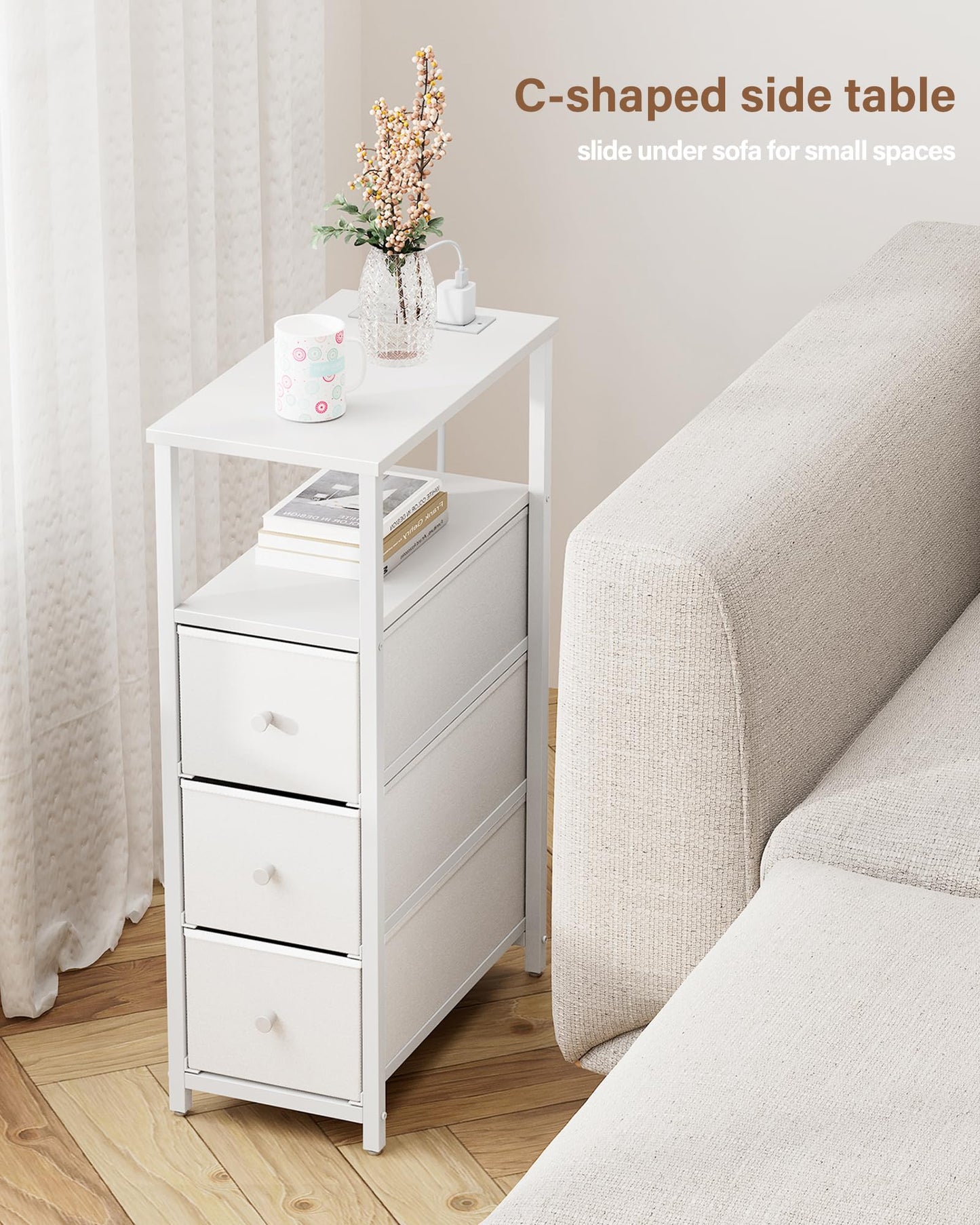 TUTOTAK Narrow Night Stand with Charging Station, Slim End Table with Plugins, Tall Side Table with 3 Fabric Drawer, Small Bedside Table with Storage, Set of 2, Living Room, Bedroom, White TB01BW073