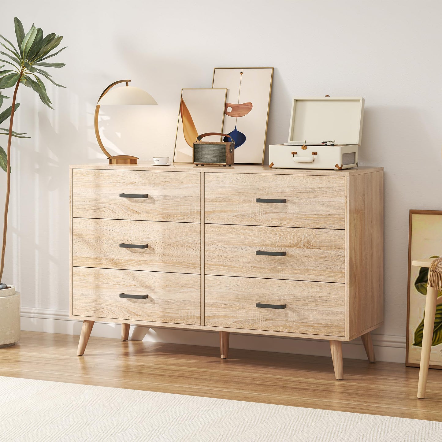 Bigbiglife Wood Dresser for Bedroom, 6 Drawer Dresser with Metal Handles, Mid Century Modern Dresser Double Chest of Drawer (Light Oak)
