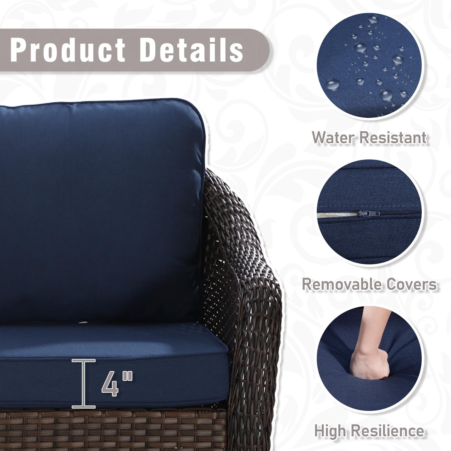 Qsoer 77 inch Outdoor Wicker 3 Seater Sofa, All-Weather Use Patio Rattan Sofa with Seat and Back Cushion, Ideal for Porch, Backyard, Balcony, Poolside, Blue