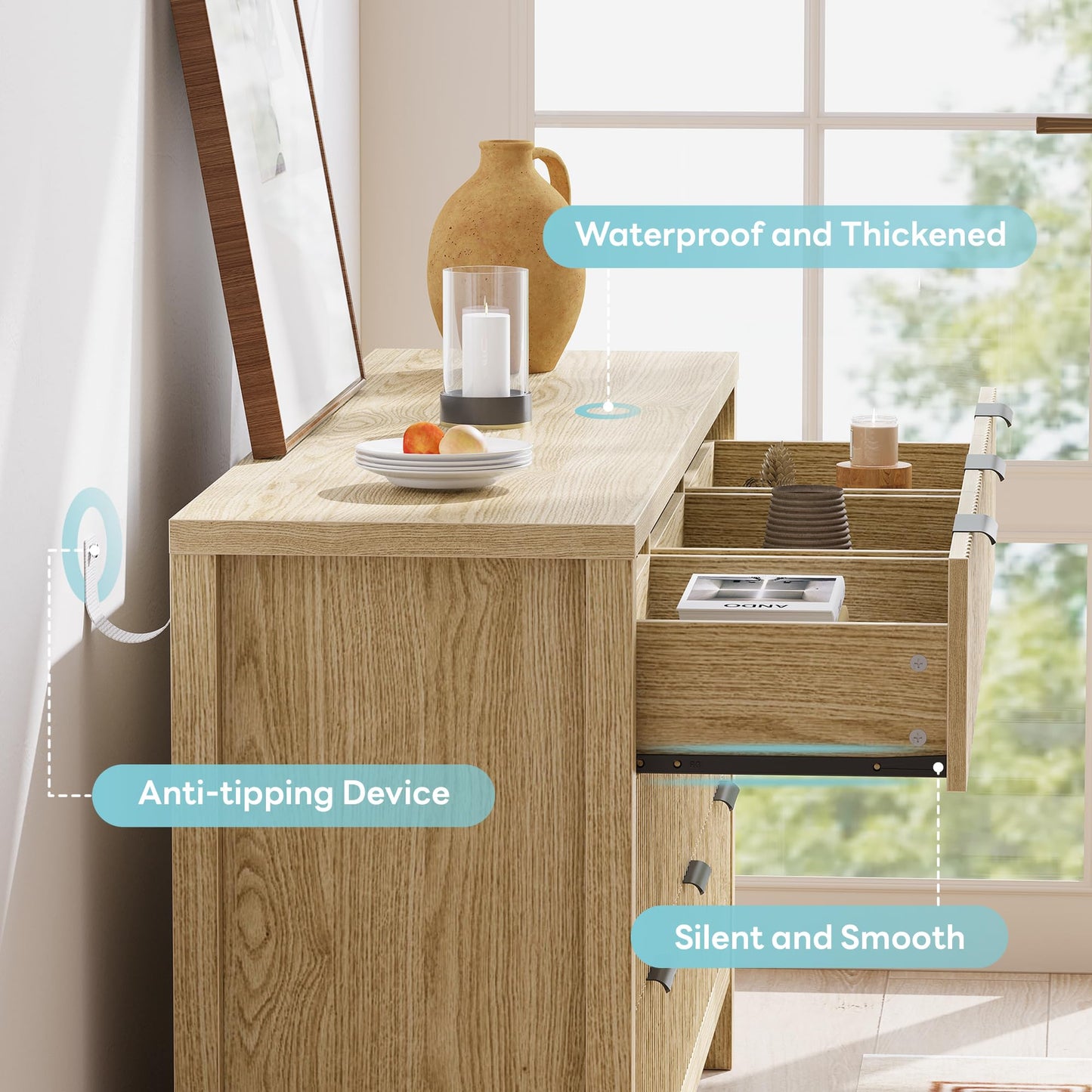 LIKIMIO Fluted 6 Drawers Dresser for Bedroom, 47" Wide Modern Chest of Drawers Closet Dressers, Wooden Dresser Storage Organizer for Living Room, Entryway, Hallway, Natural Oak