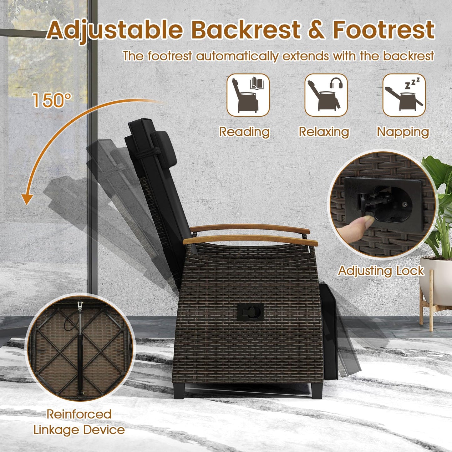 HAPPYGRILL Outdoor Rattan Wicker Chaise Lounge Recliner Chair with Adjustable Backrest & Footrest, Push Back Outside Seat w/Cushion & Flip Table for Backyard, Porch, Balcony (Black,1)
