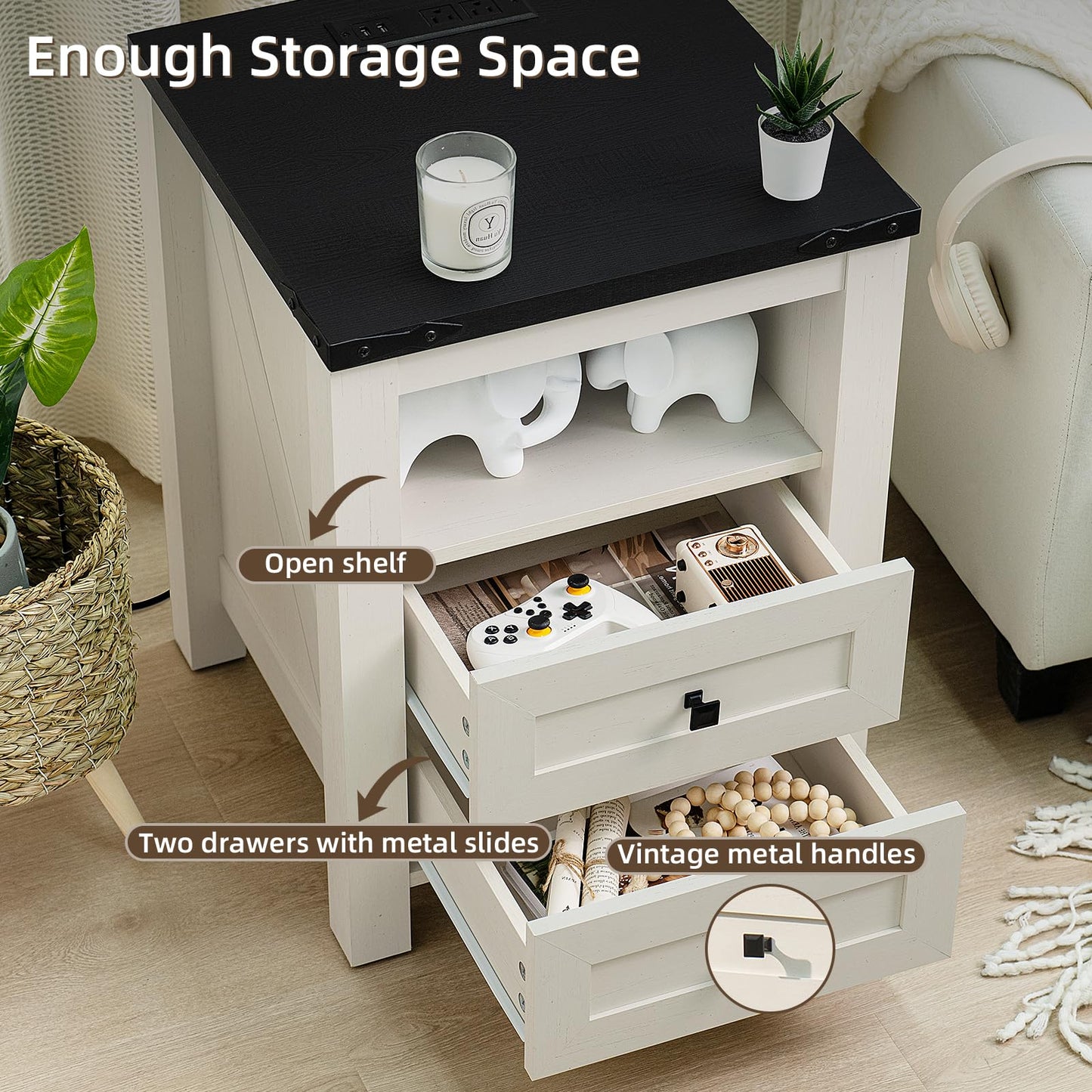 Joaxswe Farmhouse Living Room Sets, Coffee Table with Hidden Storage Organizer and Nightsands with Charging Station, Coffee Table Set of 3 for Living Room,Office, Home