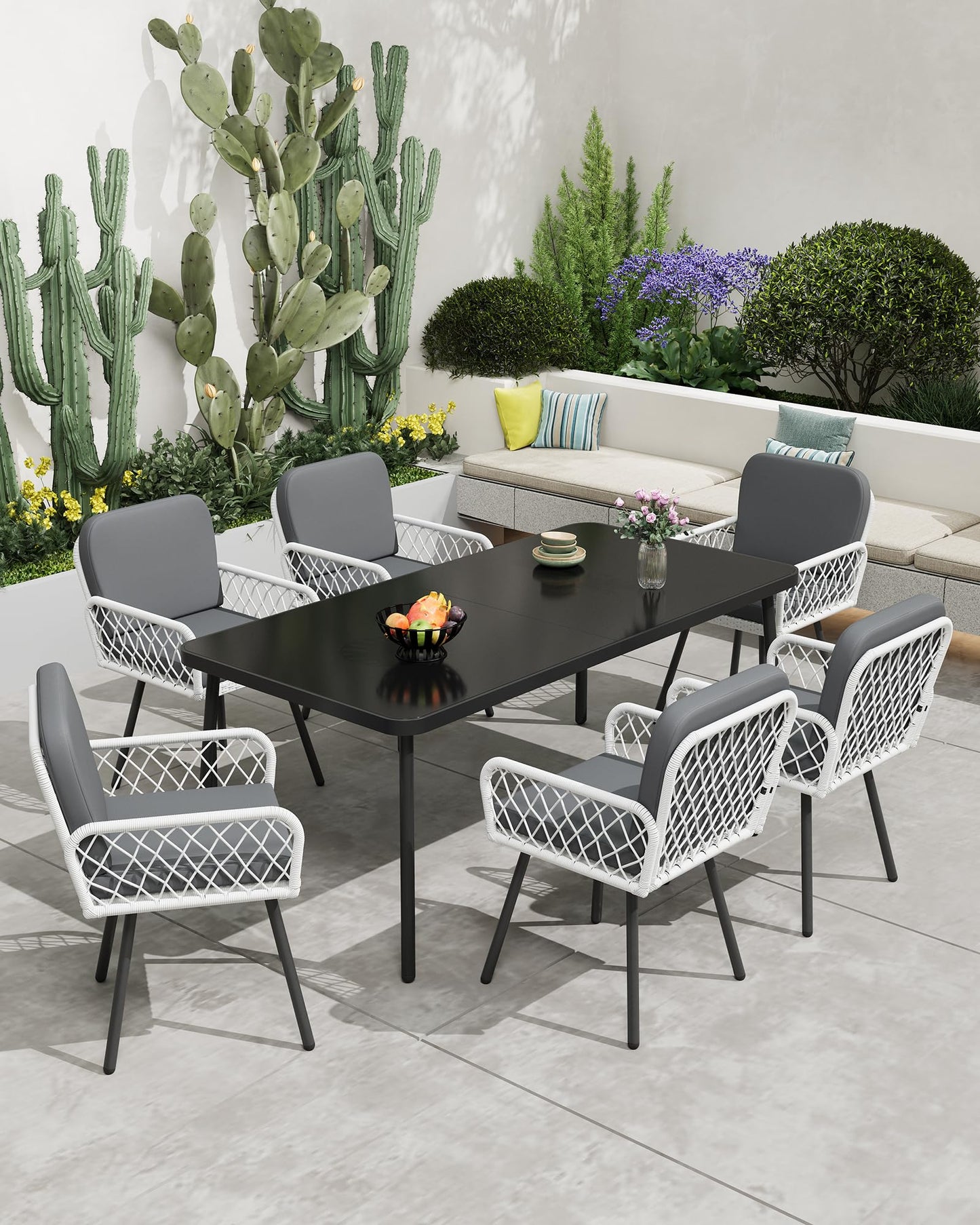 Patio Dining Chairs with 5mm Rattan & Cushions, 2-Piece Outdoor Chairs Set, Stackable Wicker Chairs with Metal Frame for Garden