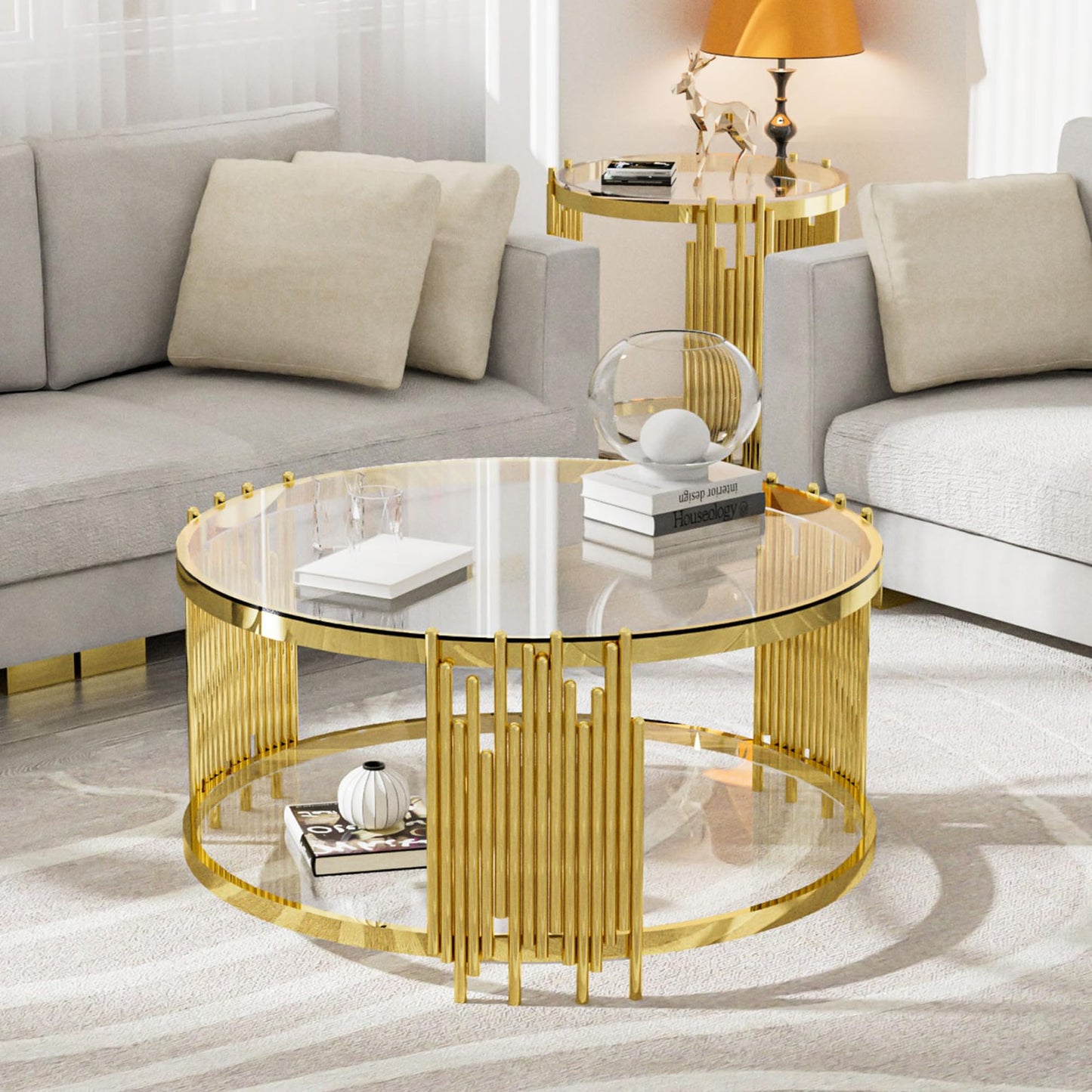 Glass Coffee Table Round Modern Living Room Table, Gold Stainless Steel Metal Leg Clear Tempered Glass, Sofa Center Tables Furniture for Home Office, Gold