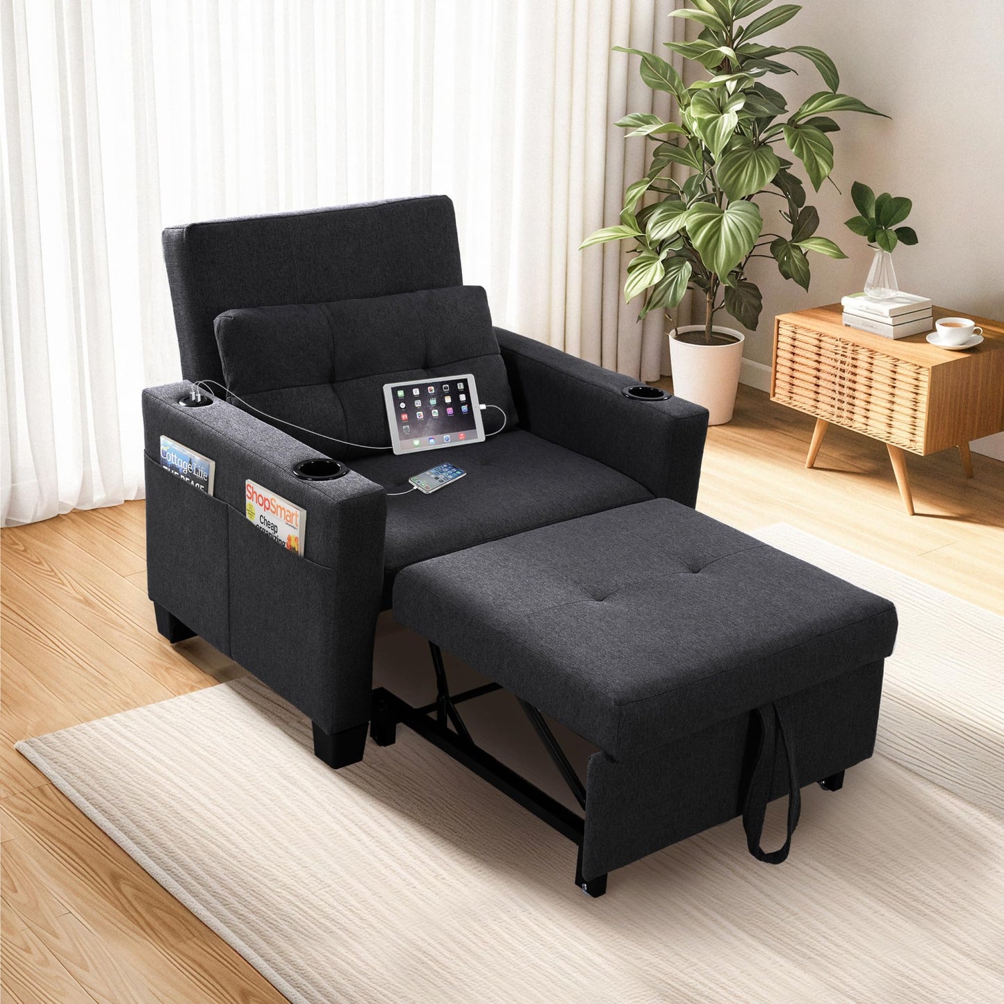 FLEXISPOT Sleeper Chair Bed with USB Ports & Cup Holders, 3-in-1 Convertible Sofa Bed for Living Room, Pull-Out Recliner Chair with Pillows, Adjustable Backrest, Small Space Furniture (Black)