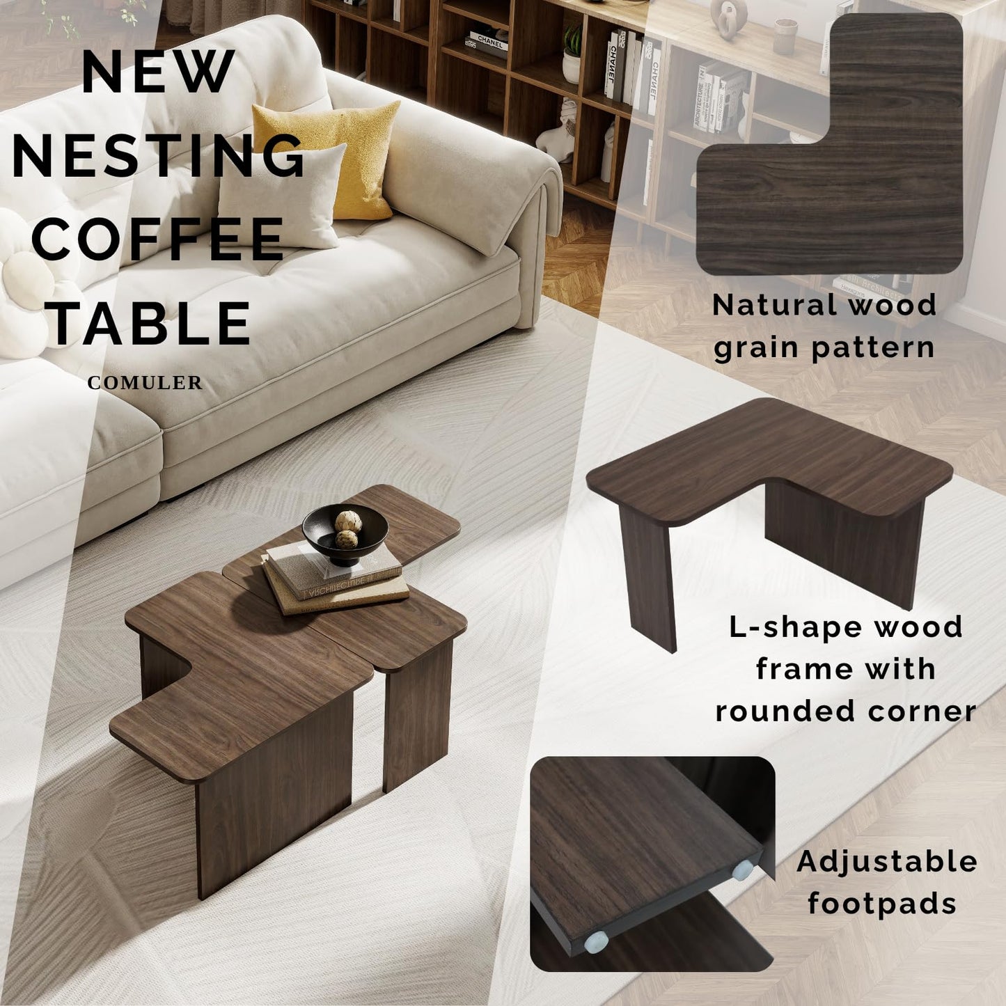 Modern Nesting Coffee Table Set of 2, Walnut Wooden L-Shape Square Coffee Table for Living Room, Small Center Table End Table Sets with Rustic Wood Grain for Bedroom Office Cafe
