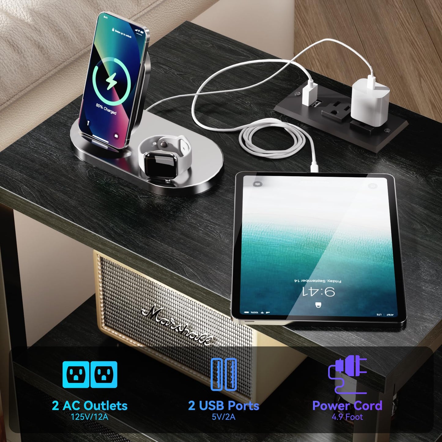 Furologee Nightstands Set of 2, End Tables with Charging Station and LED Lights, Black Night Stands with 2 Fabric Drawers, Bedside Tables Set of 2 for Living Room/Bedroom,Black Oak