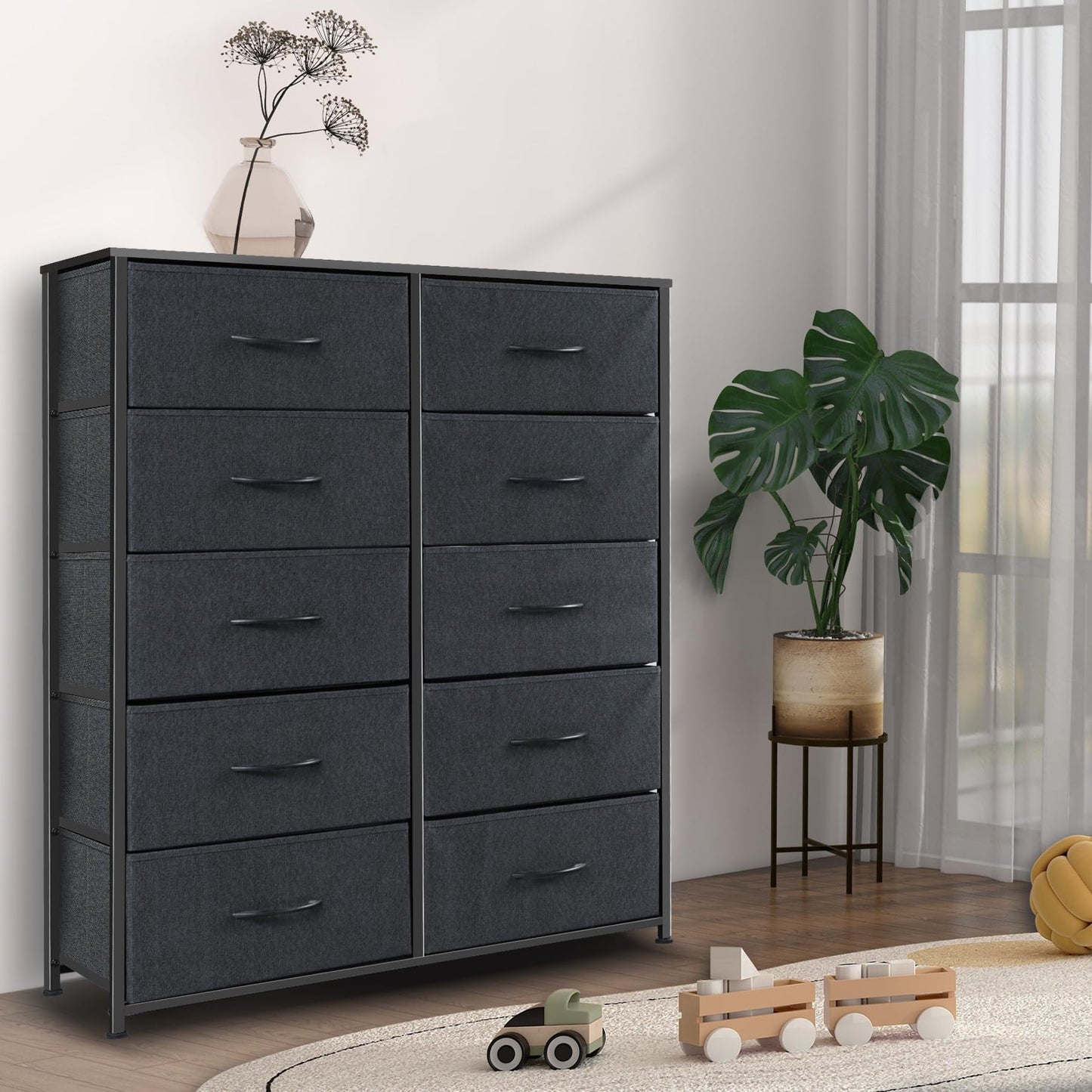 Sonharlar Dresser for Bedroom with 10 Drawers, Chest of Drawers, Storage Drawers Organizer Unit, Black Wide Fabric Dresser with Fabric Bins for Closet, Living Room, Entryway (Black and Charcoal Black)
