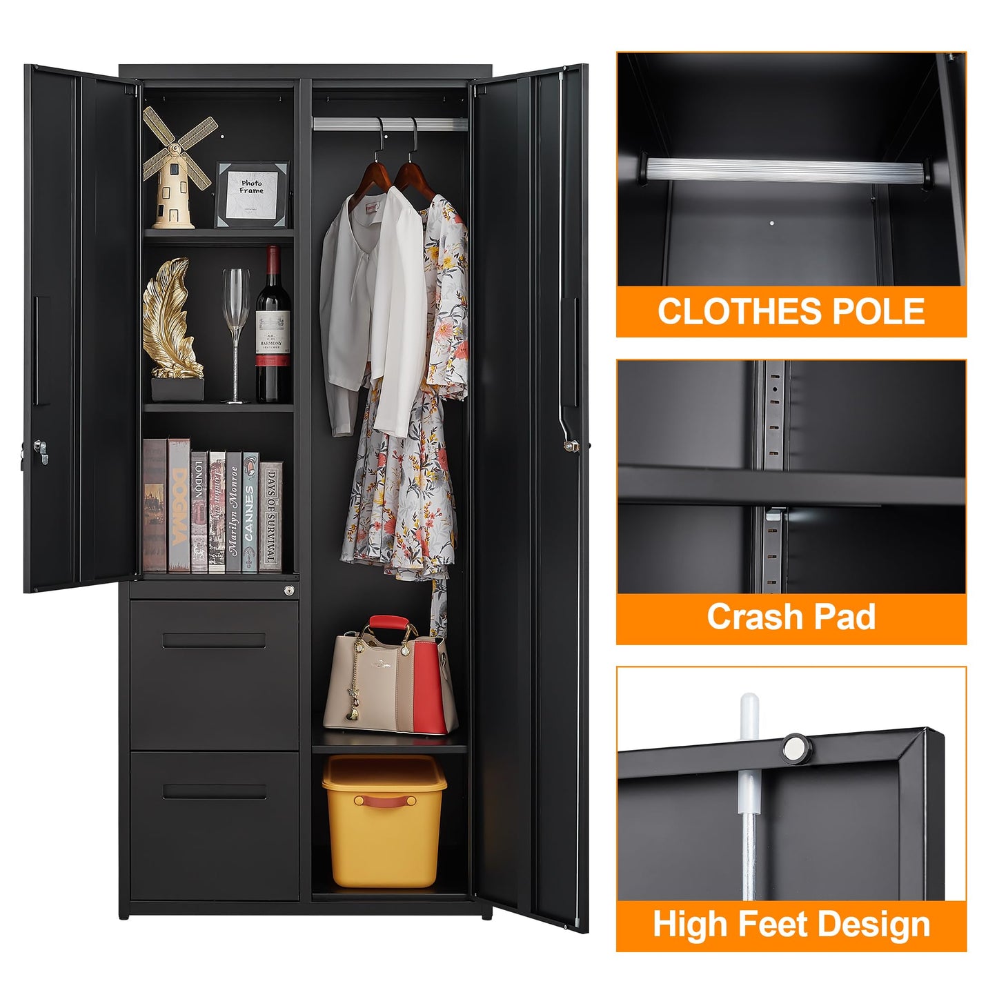 Anxxsu Metal Storage Cabinets Locker, 67" Locker with Clothes Rod, Lockable Freestanding Wardrobe for Office, Home, School, Laundry Room, Gym (Black)