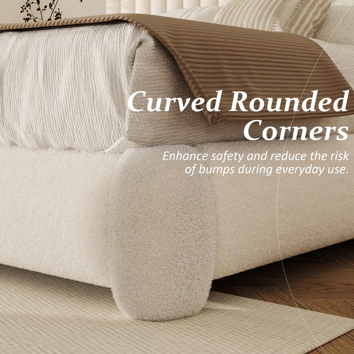Konprosp Queen Boucle Bed Frame, Upholstered Cloud Platform Bed Frame with Adjustable Headboard, Vertical Tufted, Soft Rounded Corners, Beige
