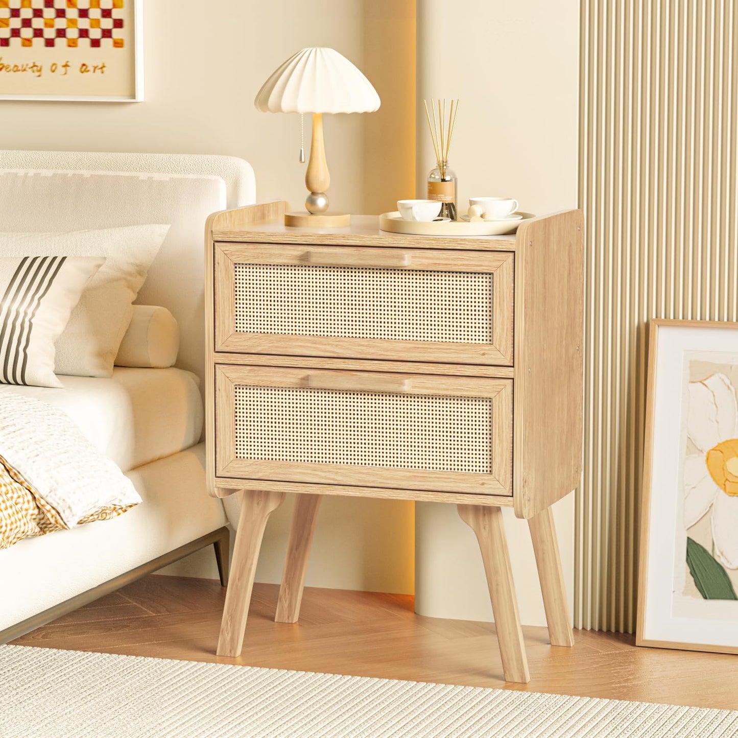 Lerliuo Rattan Nightstands Set of 2, Boho Night Stand with 2 Drawers, Cane Accent Side End Table, Bedside Table with Solid Wood Legs for Bedroom, Dorm and Small Spaces (Natural)