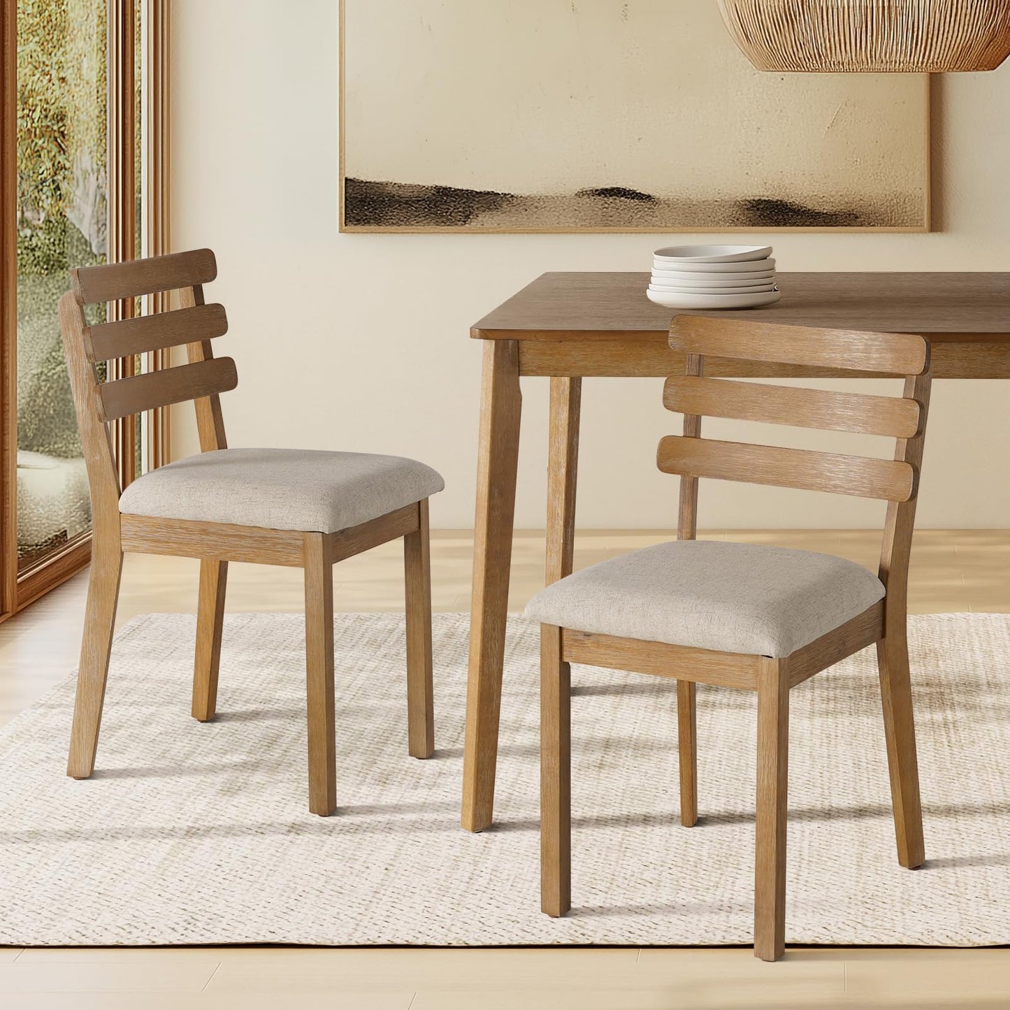SIMTONAL 6-Piece Farmhouse Dining Set, Mid-Century Modern Wooden Table & Upholstered Chair Set for Home, Kitchen, Dining Room, 4 Chairs, Bench Seat, Solid Wood Legs