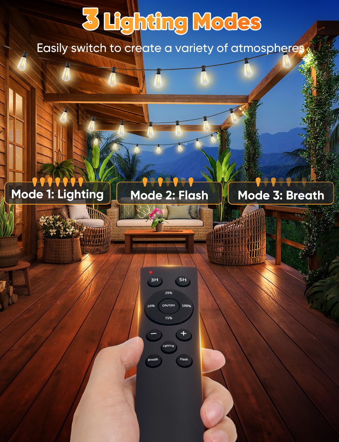 Brightever 120FT LED Outdoor String Lights with Remote, Patio Lights Outdoor Waterproof with 36+2 Shatterproof ST38 LED Bulbs, Dimmable Outside Hanging Light for Porch, Garden, Backyard, Cafe, 2700K