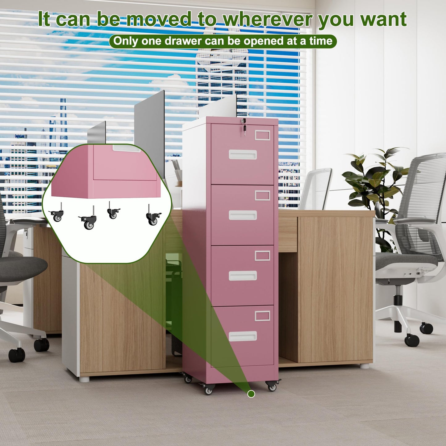 Aobabo File Cabinet 4 Drawer with Wheels, Lockable Office Metal Filing Cabinet with Name Card for Office and Home,Assembly Required,Pink