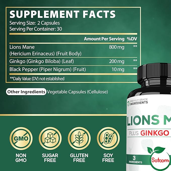 Lions Mane with Ginkgo Biloba Supplement - 60 Capsules - Extra Strength for Restful Mind, Brain Health, Immune System & Focus - Gluten-Free, Non-GMO