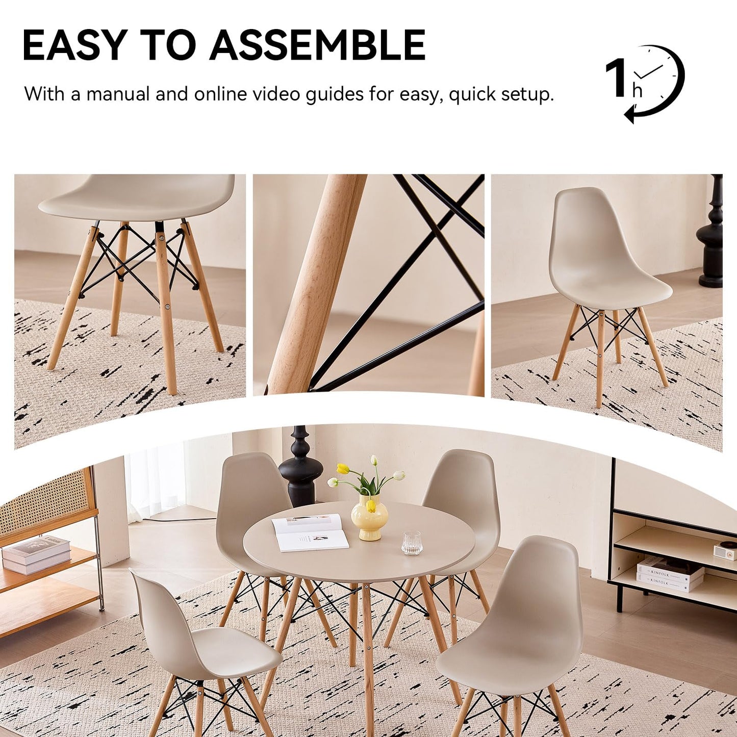 Lecafur HL 5-Piece Round Dining Table Set, Small 35.5" Kitchen Table Chairs Set of 4 Space Saving Furniture, Plastic Seats, Solid Wood Legs, for Living Room Apartment Office Home, Sand