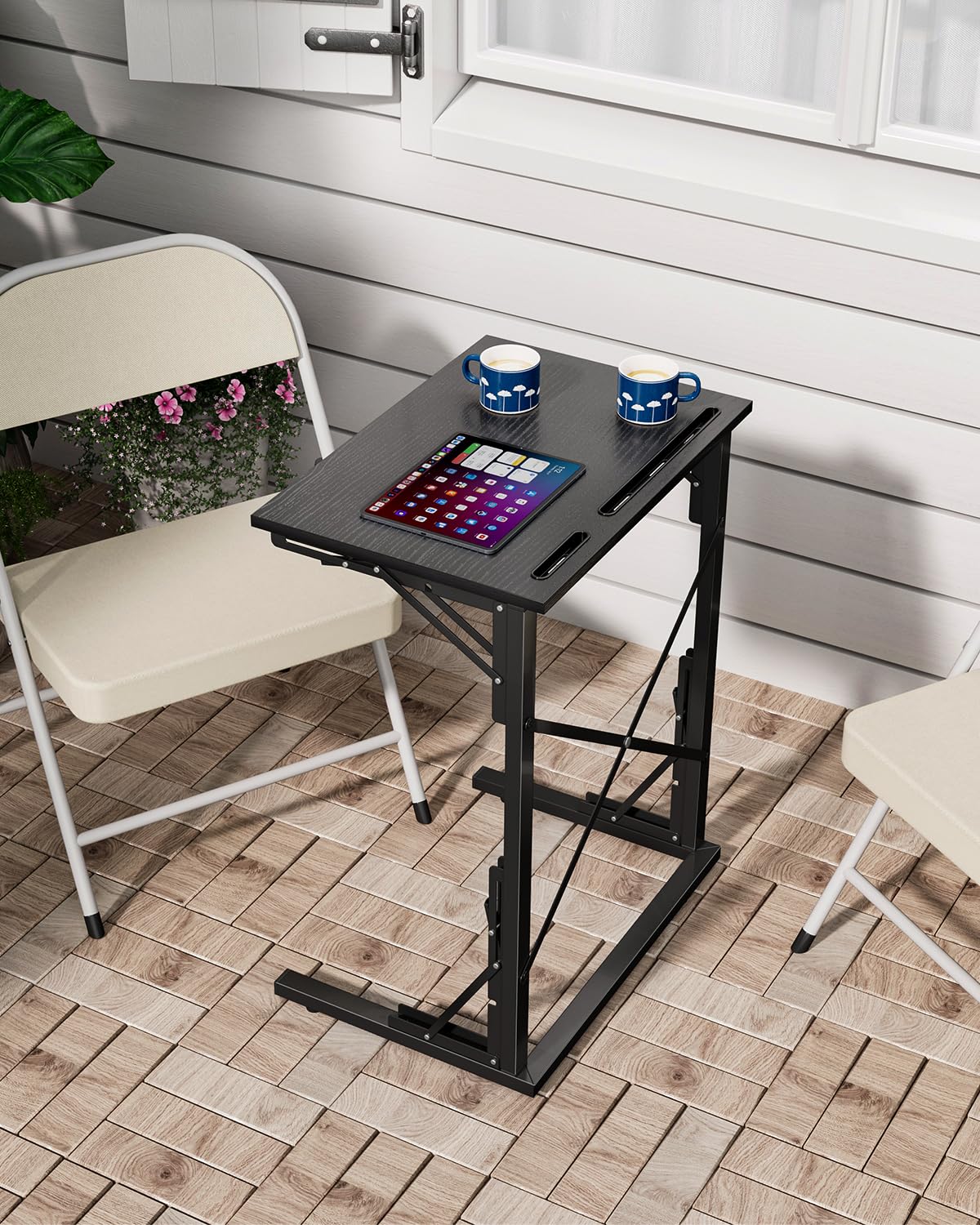 Evermagin 21''Wx28''H TV Tray Set of 2, Small Foldable C-Shaped End Table for Eating with Tablet and Phone Slots, Slide Under Couch Side Table for Recliner, Living Room, Bedroom, Black
