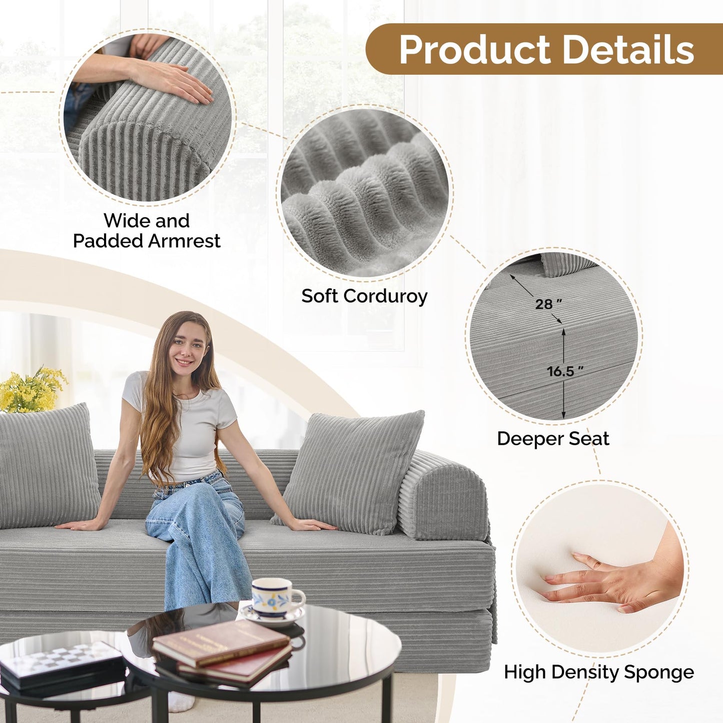 Luxanimarion Convertible Coarser Corduroy Sleeper Sofa Bed with Cylindrical Pillow, Folding Mattress Couch with Fixed-Shape Frame, Floor Sofa Lounge Couch for Living Room Bedroom Lounge Studio, Grey