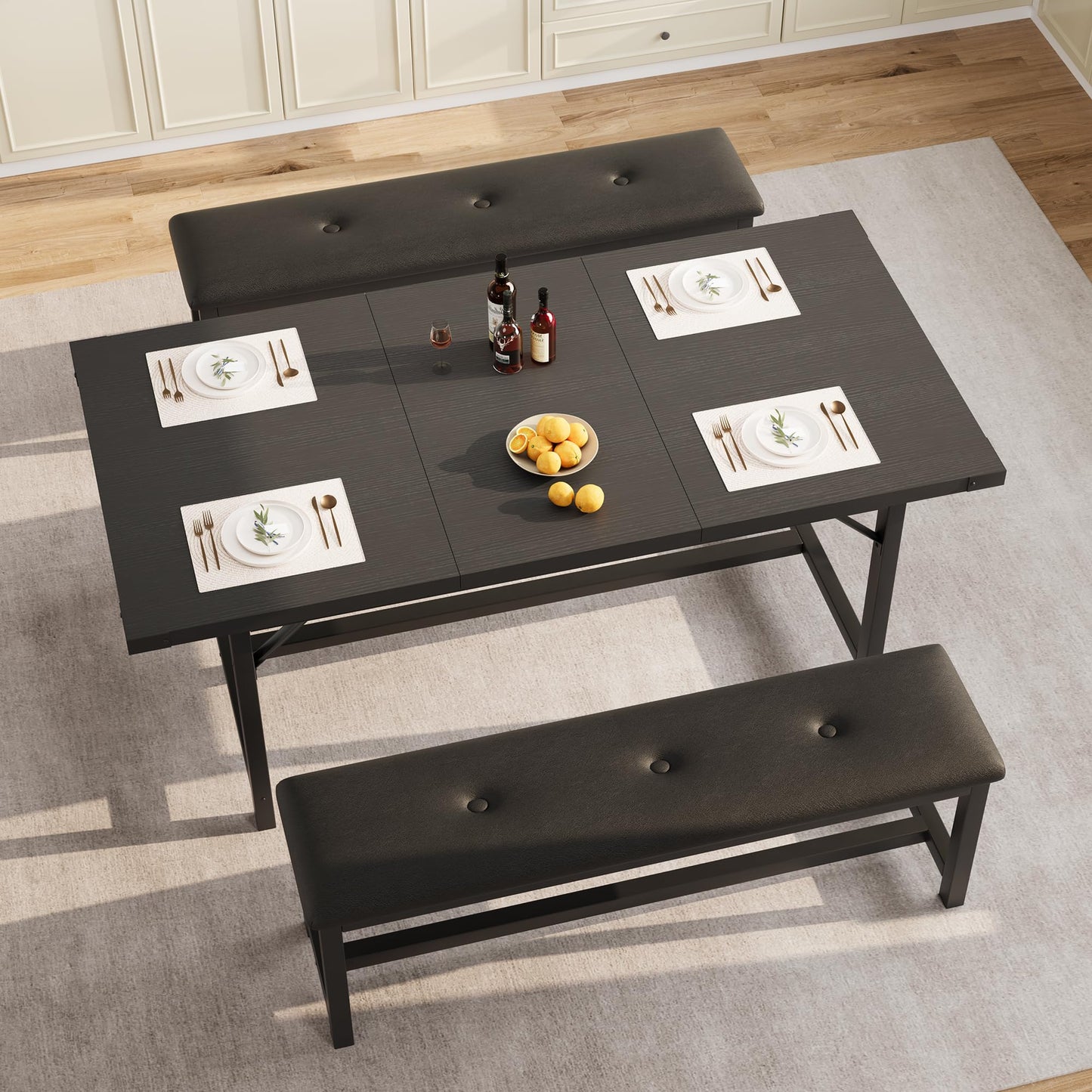 CABIHOME Dining Table Set for 4-6, 63" Extendable Dining Room Table Set With 2 Upholstered Benches, 3 Piece Large Rectangle Kitchen Table Set With Metal Frame for Apartment, Saving Space, Rustic Black