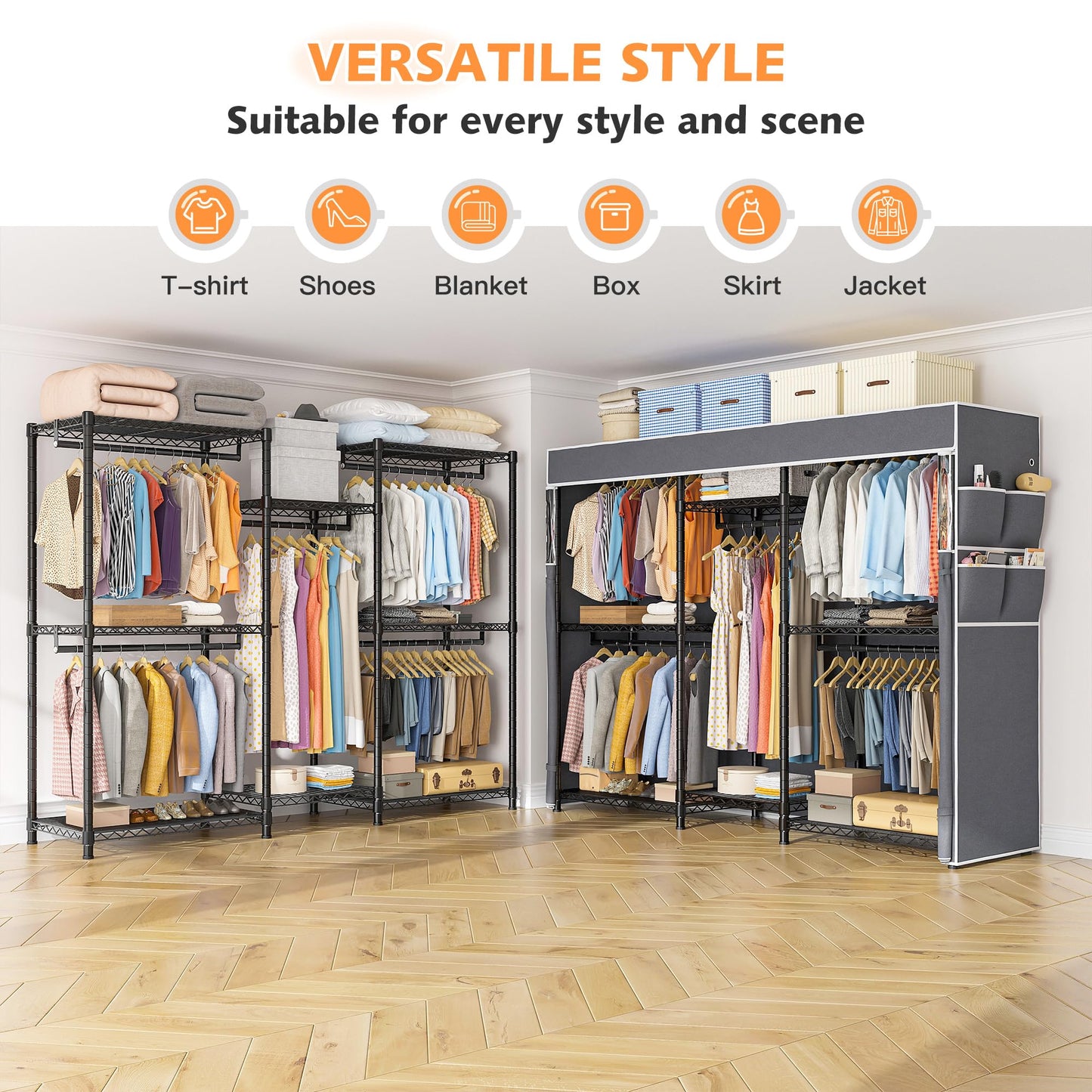 Raybee Heavy Duty Clothes Rack with Cover Loads 900LBS Portable Clothing Rack for Hanging Clothes,Adjustable feet for stability, Black, 74.9" Wx17.8 Dx76.9 H