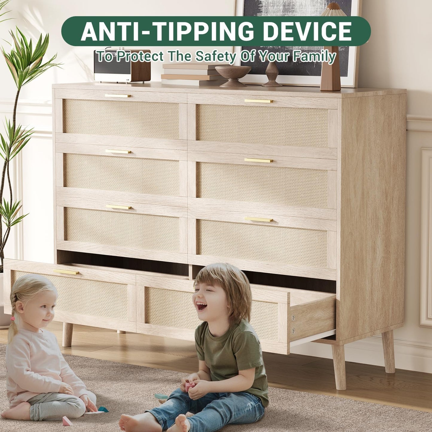 8 Drawer Rattan Dresser,47.2" x 15.7" x 37" Modern Chest of Drawers Beside Table,Mid Century Modern Dresser for Closet with Handles for Bedroom, Living Room,Hallway, Entryway