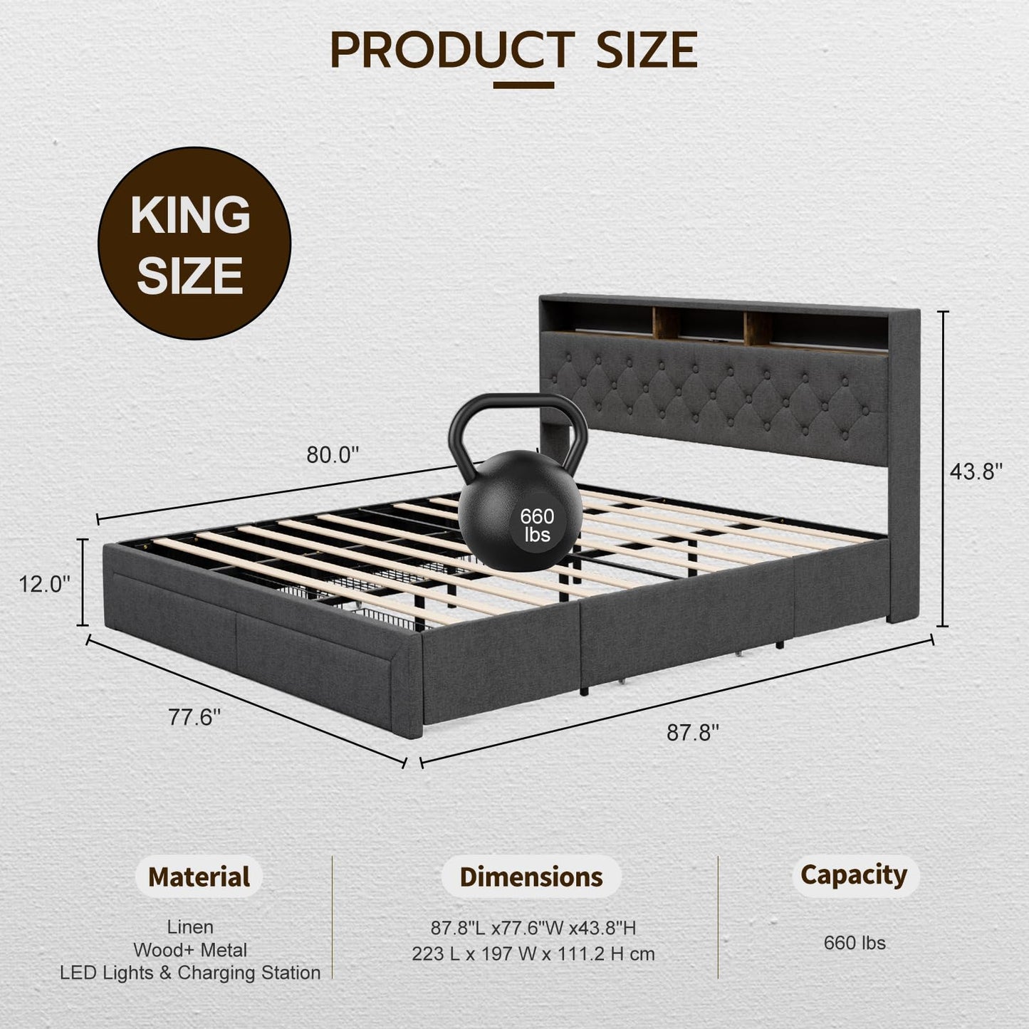 AOVSA King Bed Frame with 4 Drawers, Hidden Storage Headboard with LED Lights and Charging Station, Upholstered Tufted Platform Bed Frame King Size, Noise Free, No Box Spring Needed, Dark Grey