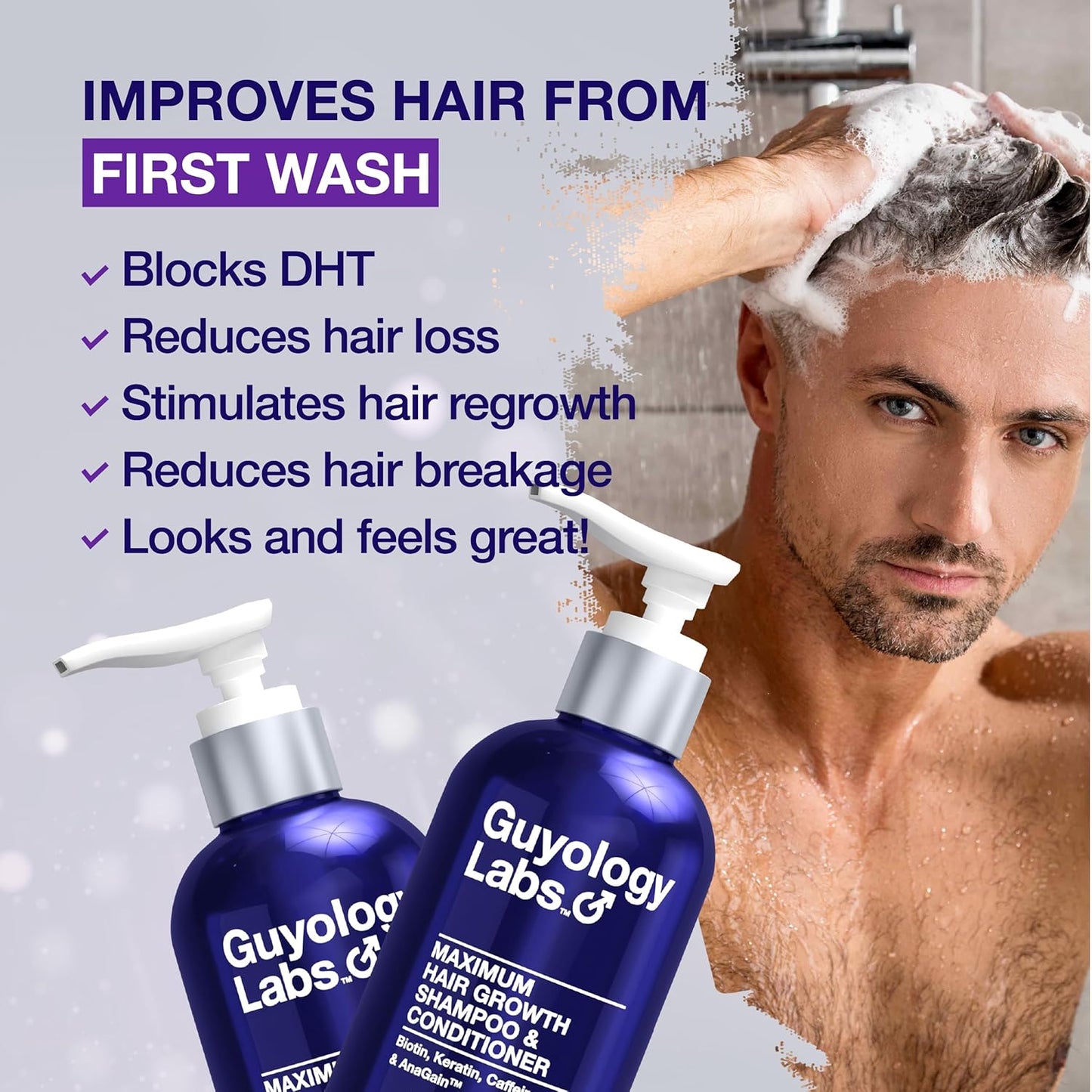 2 x Hair Growth Shampoo For Men - With Conditioner for Thinning Hair - Natural DHT Blockers To Reduce Hair Loss - Biotin and Keratin Best for Growth and Thickening - Made in USA
