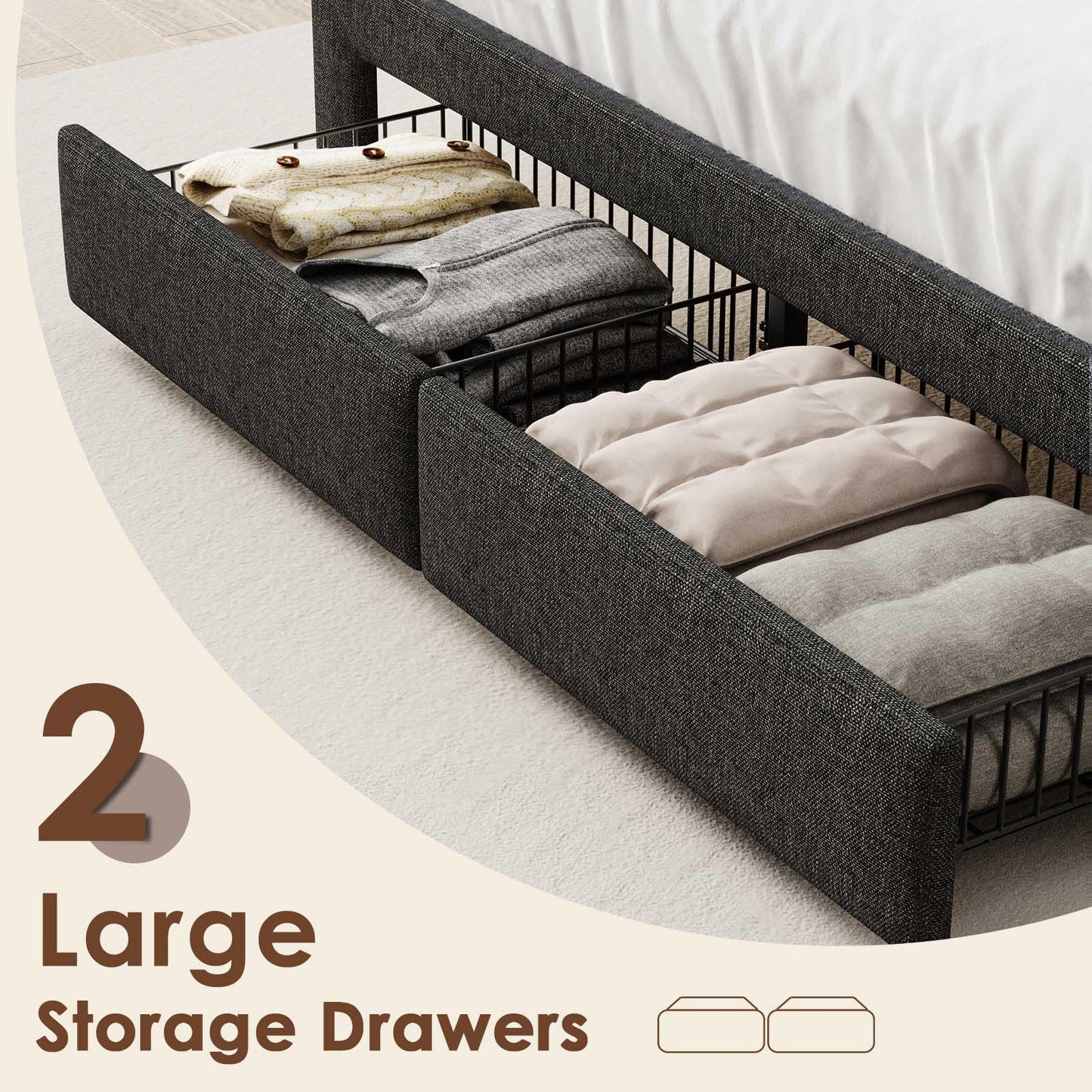 Driftalia LED King Size Bed Frame with 2 Storage Drawers, Upholstered King Bed Frame with Headboard and Charging Station, No Box Spring Needed, Easy to Assembly-Dark Grey