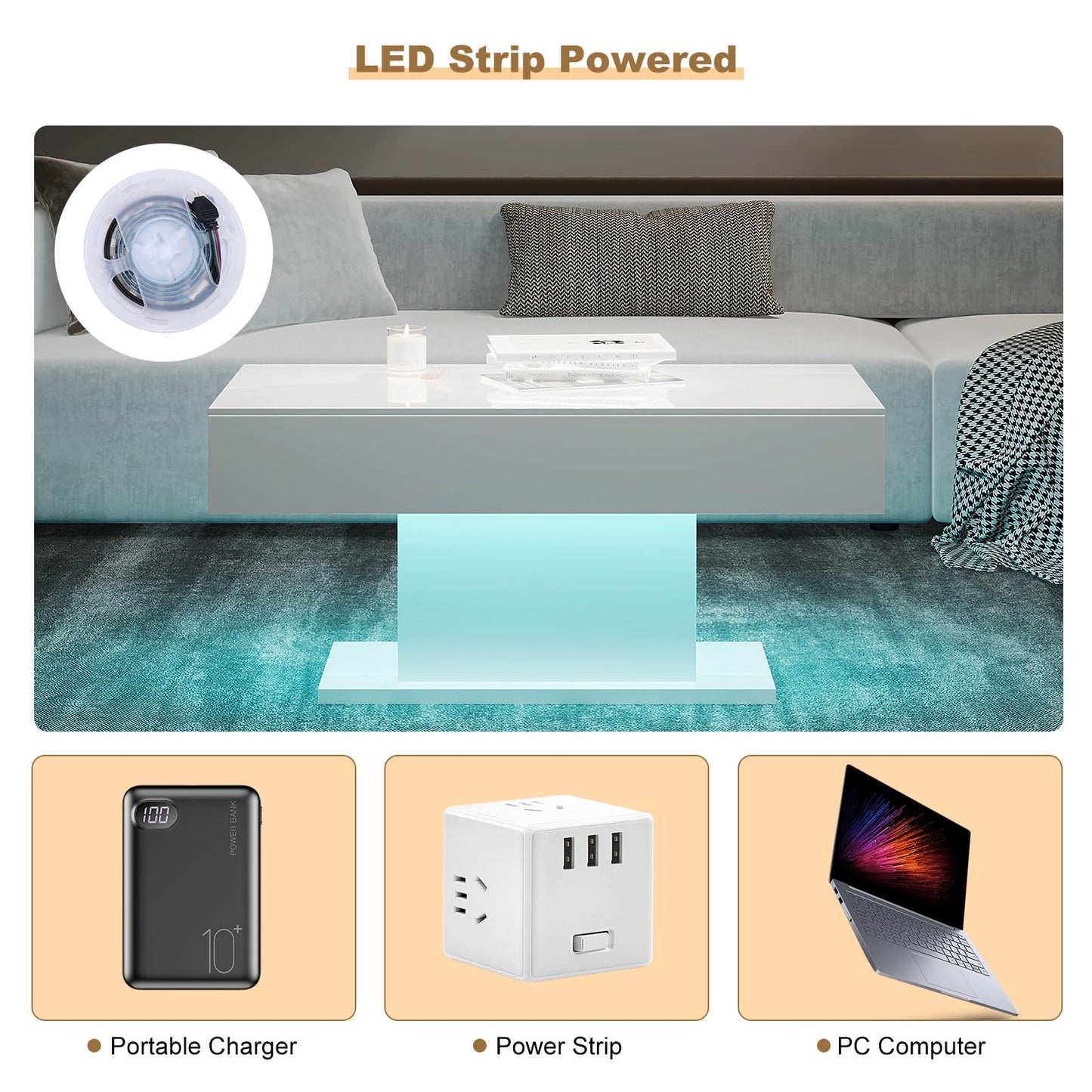 HedoAjim Led Coffee Table for Living Room, Living Room Table Rectangular Center Table, Modern High Glossy Wooden Coffee Tables with 16 Colors LED Lights for Dining Reception Room, White