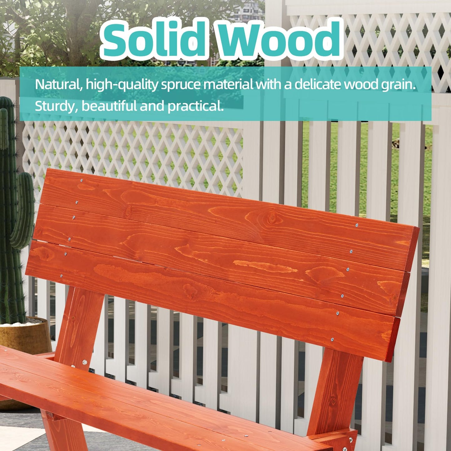 AVAWING 2 Piece Outdoor Convertible Bench, 2-in-1 Transforming Picnic Table Set, Wooden Garden Bench for Backyard, Porch, Patio, Tangerine