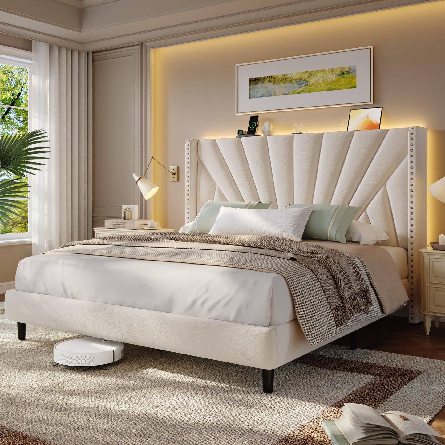 EnHomee Queen Bed Frame with 51" Velvet Upholstered Headboard, Platform Bed with Charging Station and LED Lights, Wingback Headboard, No Box Spring Needed, Noise-Free, Beige