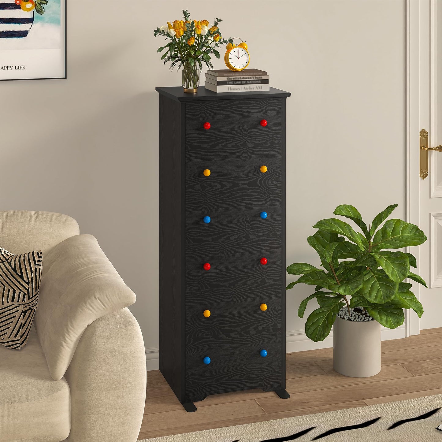 LIKIMIO Tall Skinny Dresser, 6 Drawer Dresser Tall with Colorful Handles, Chest of Drawers for Bedroom, 51.5" H Modern Wooden Storage Cabinet with Metal Sliding Rail, Black