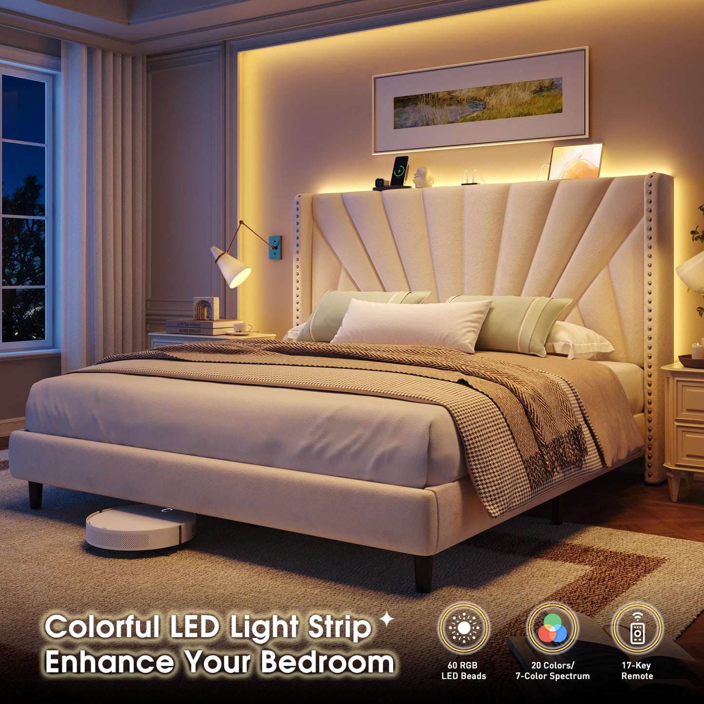 EnHomee Queen Bed Frame with 51" Velvet Upholstered Headboard, Platform Bed with Charging Station and LED Lights, Wingback Headboard, No Box Spring Needed, Noise-Free, Beige