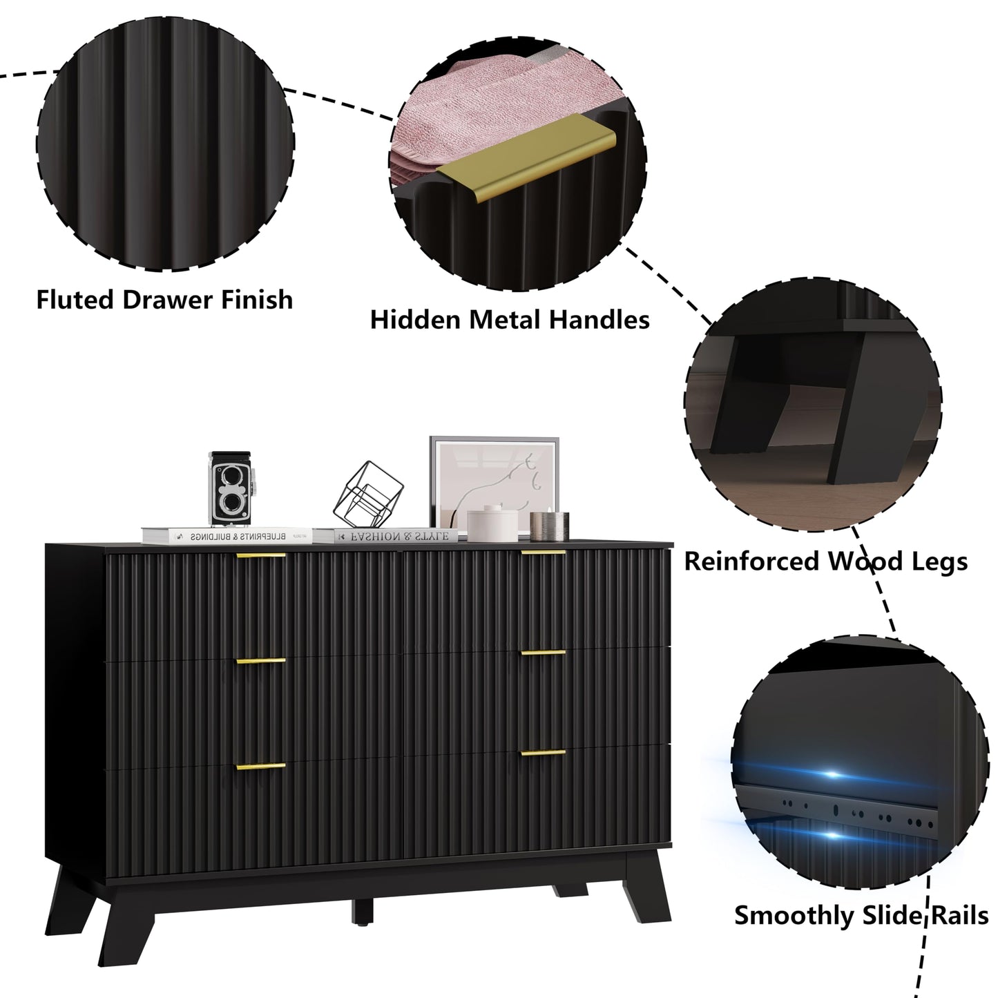 HUANLEGO 6 Drawer Dresser for Bedroom, Black Fluted Dressers Chest of Drawers with Gold Handle, Wood Mid Century Modern Dressers for Closet, Bedroom Dresser Storage Organizer for Living Room, Hallway