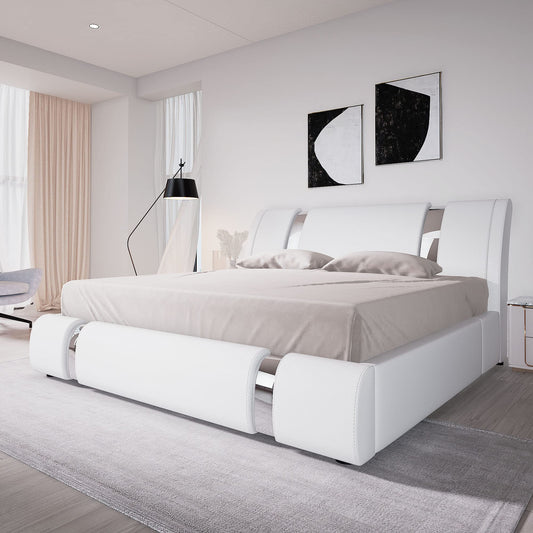 Allewie Queen Size Platform Bed Frame with Iron Piece Decor, Faux Leather Upholstered Bed with Curved Adjustable Headboard, Wooden Slats Support, No Box Spring Needed, Modern Style, White